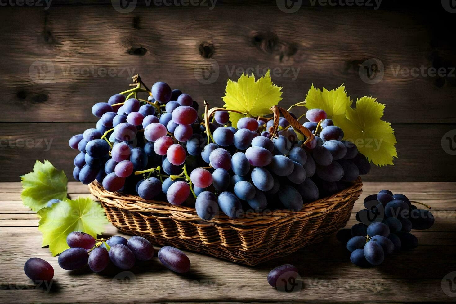 uvas en un cesta en un de madera mesa. generado por ai foto