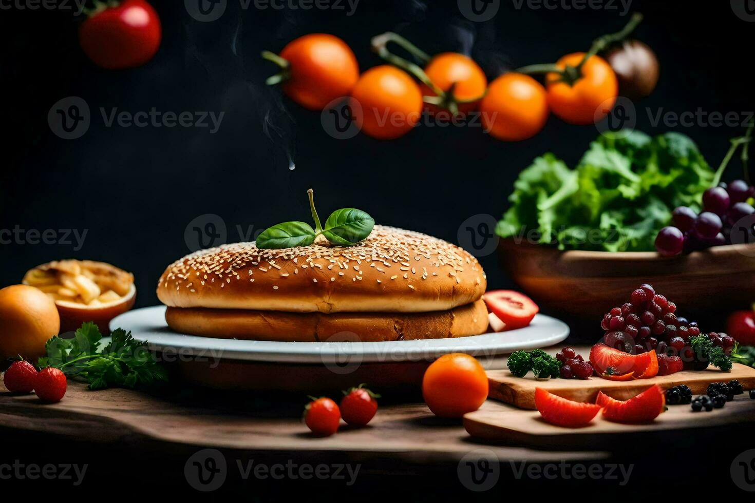 a hamburger on a plate with vegetables and other food. AI-Generated photo