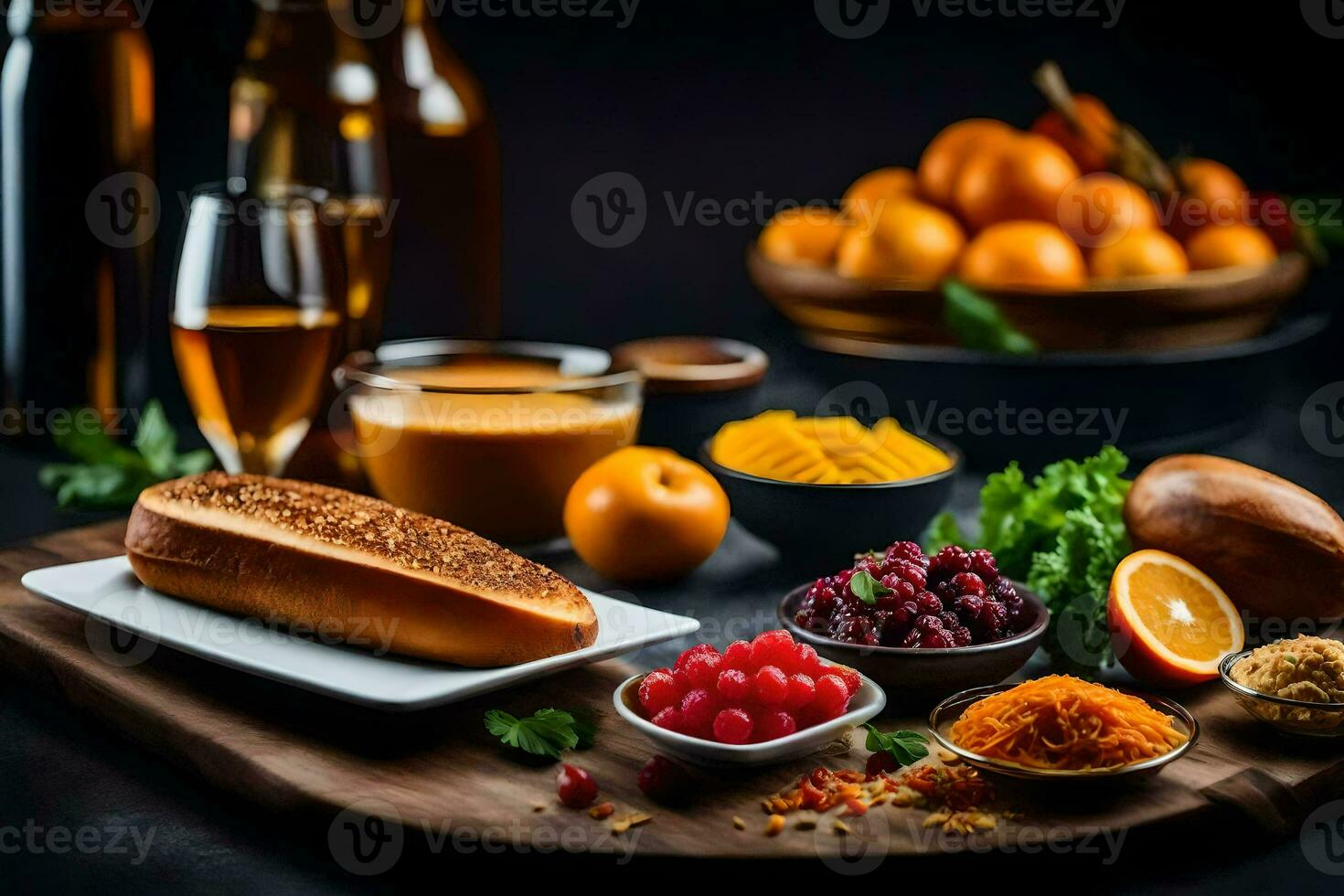 foods on a wooden board with orange juice, bread, berries and other ingredients. AI-Generated photo