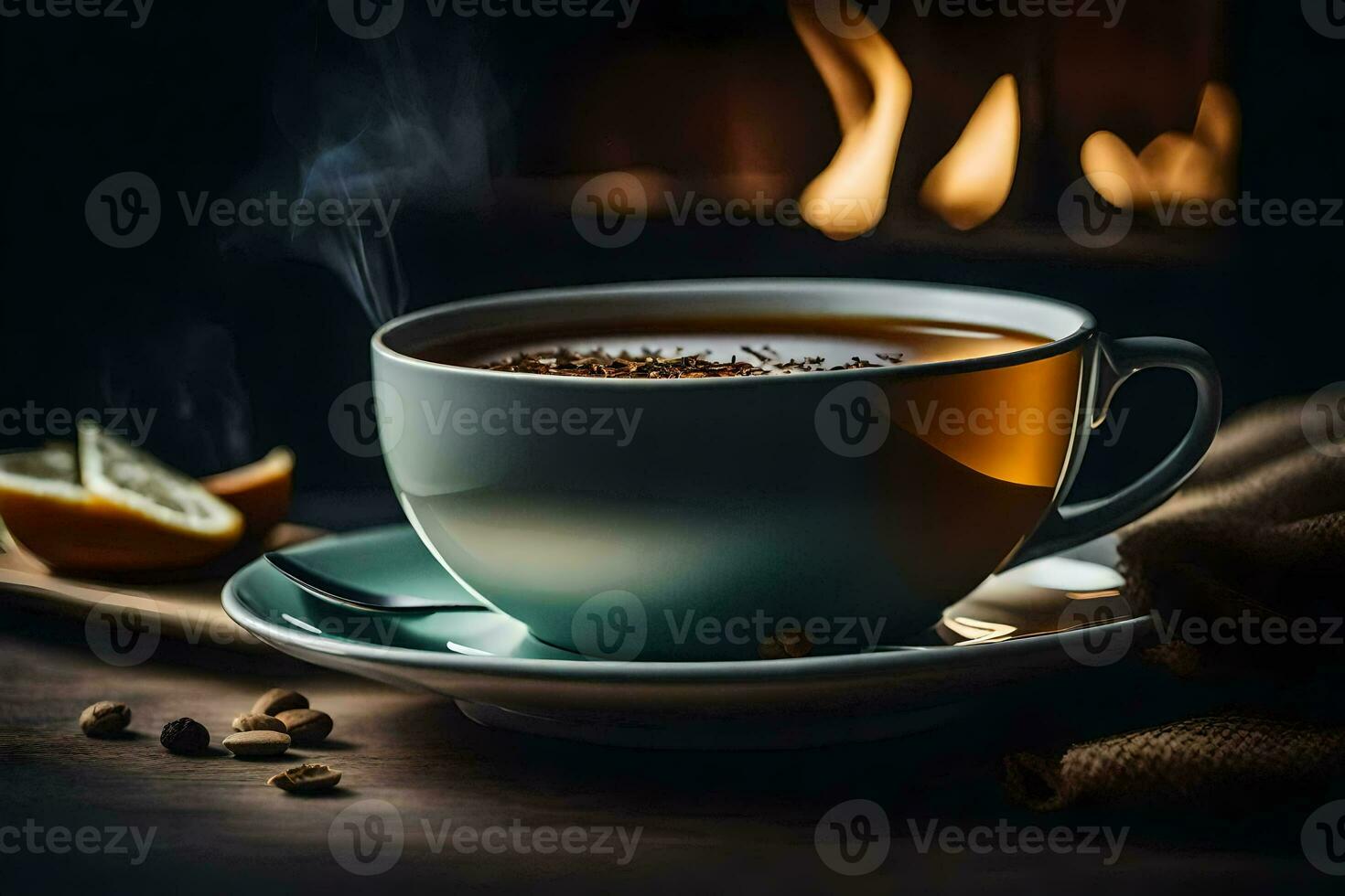 a cup of tea in front of a fireplace. AI-Generated photo