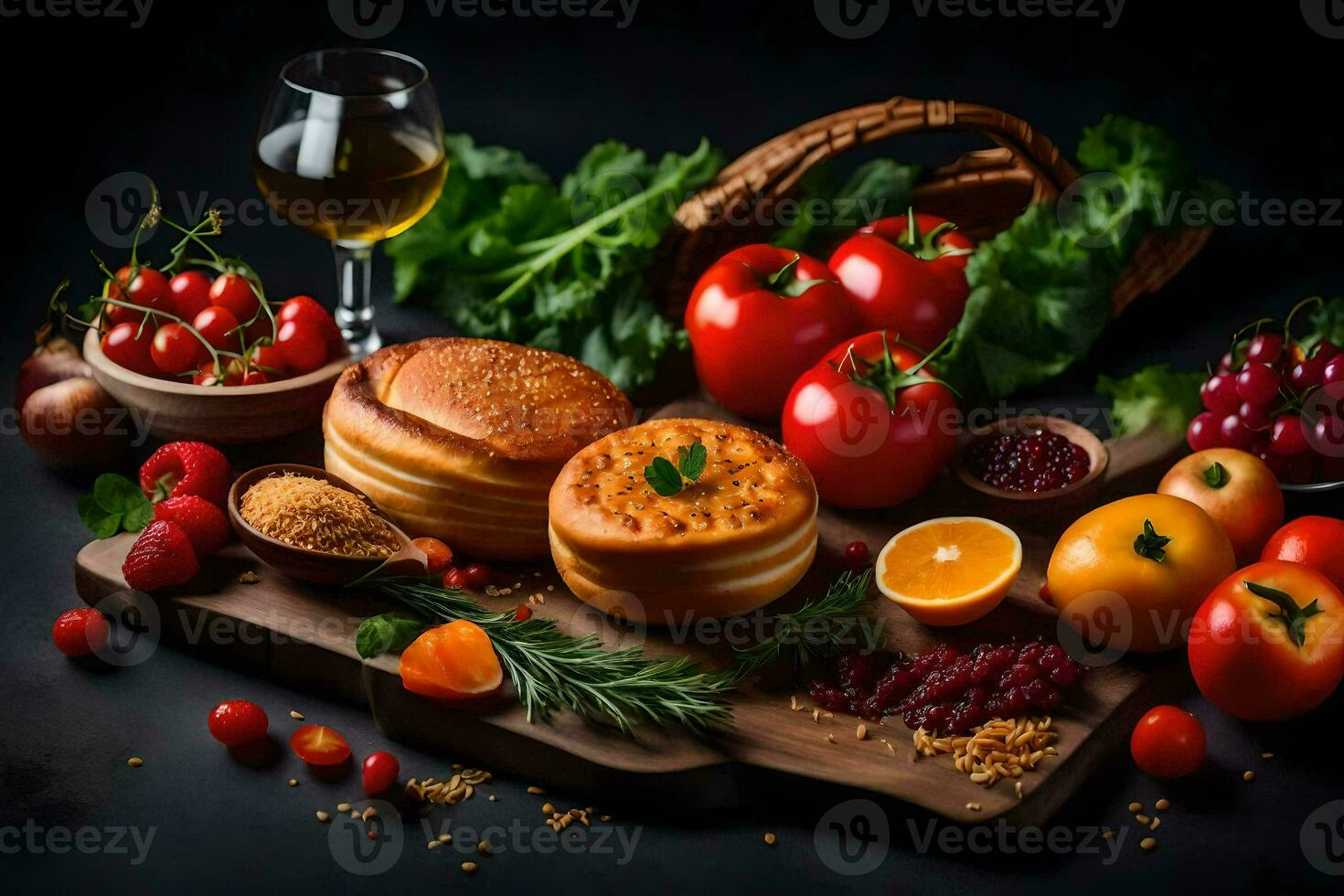 foods on a wooden board with wine and vegetables. AI-Generated photo