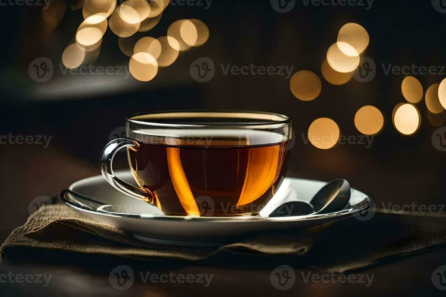 a cup of tea on a saucer with a spoon in the background. AI-Generated photo