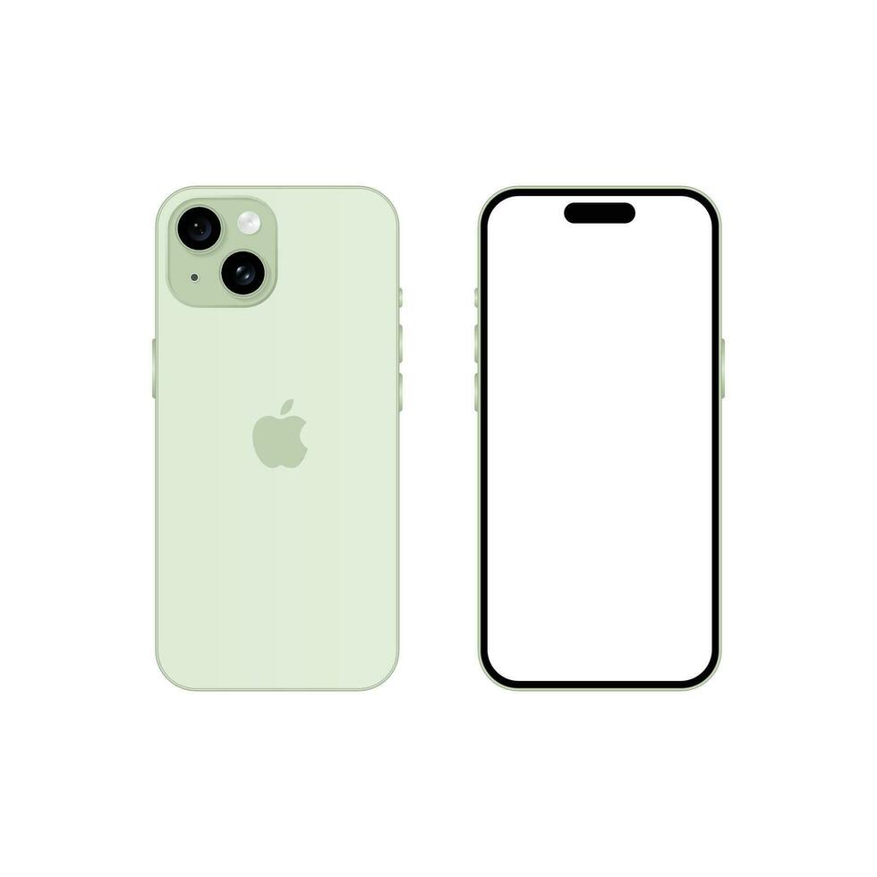 Iphone 15 model. Green color. Front view and back view. Vector mockup. Vector illustration