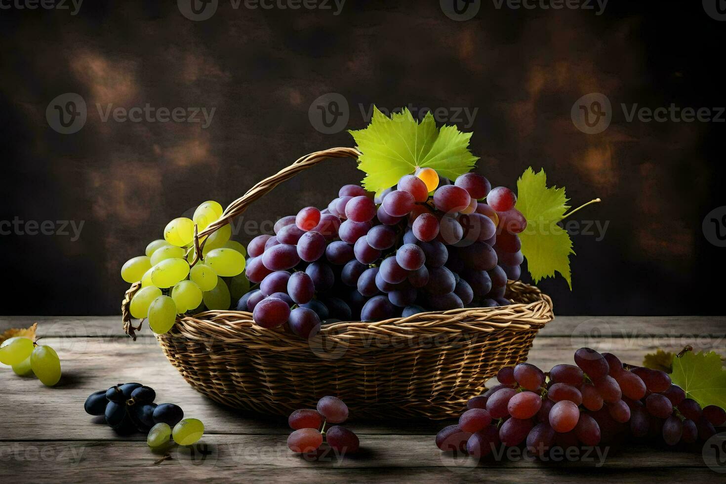 grapes in a basket on a wooden table. AI-Generated photo