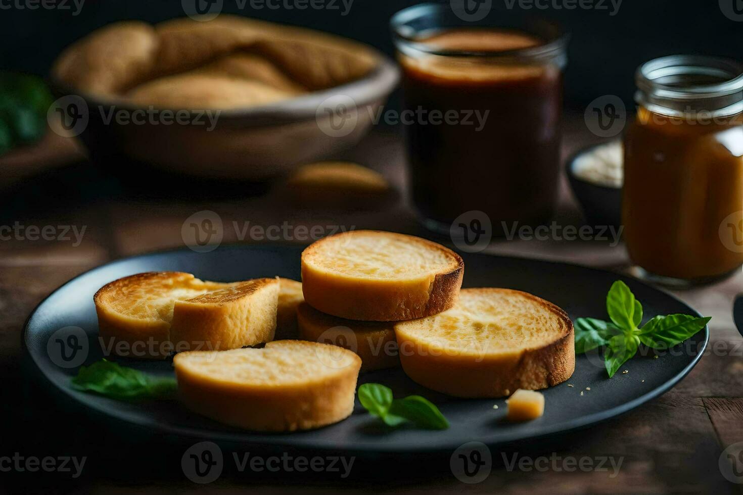 un pan en un plato con mantequilla y salsa. generado por ai foto