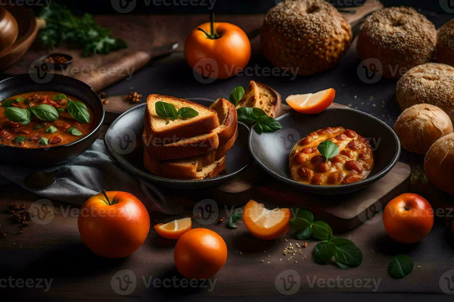 un mesa con pan, Tomates, y otro alimento. generado por ai foto