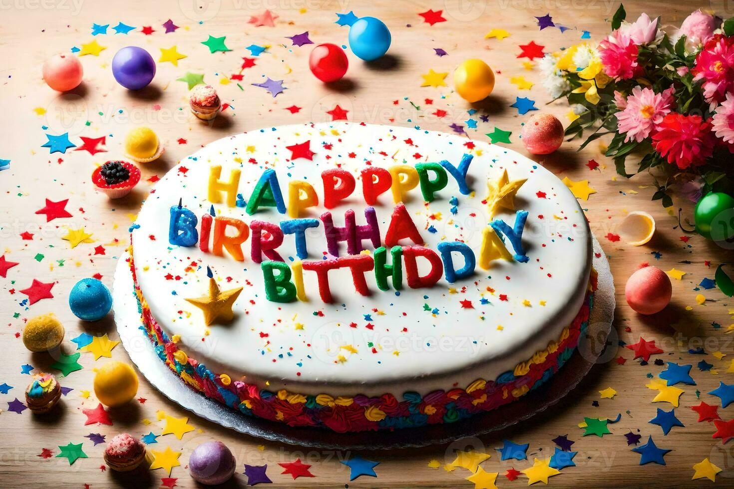 contento cumpleaños pastel con vistoso papel picado y vistoso globos generado por ai foto