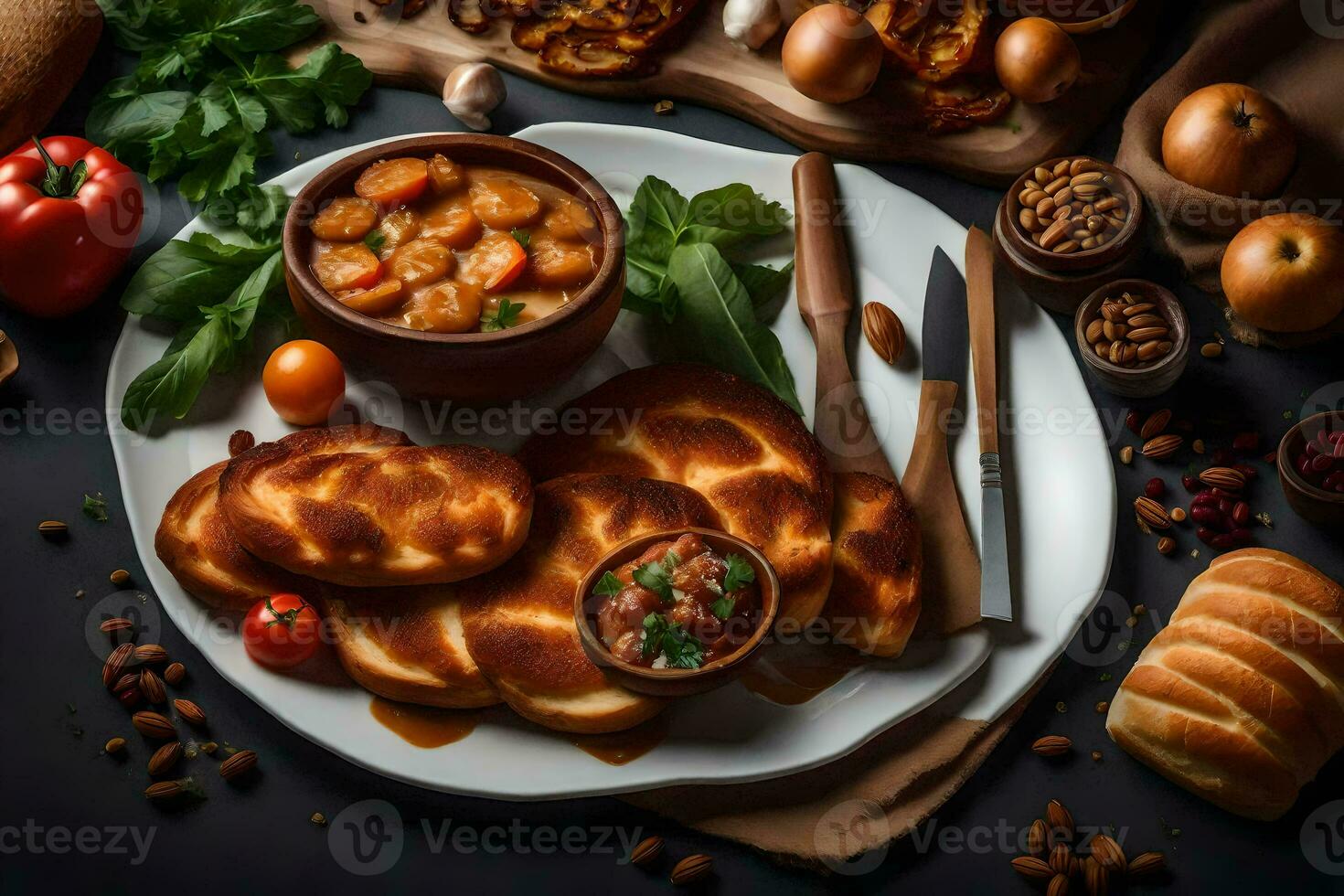 un plato de comida con pan, vegetales y otro ingredientes. generado por ai foto