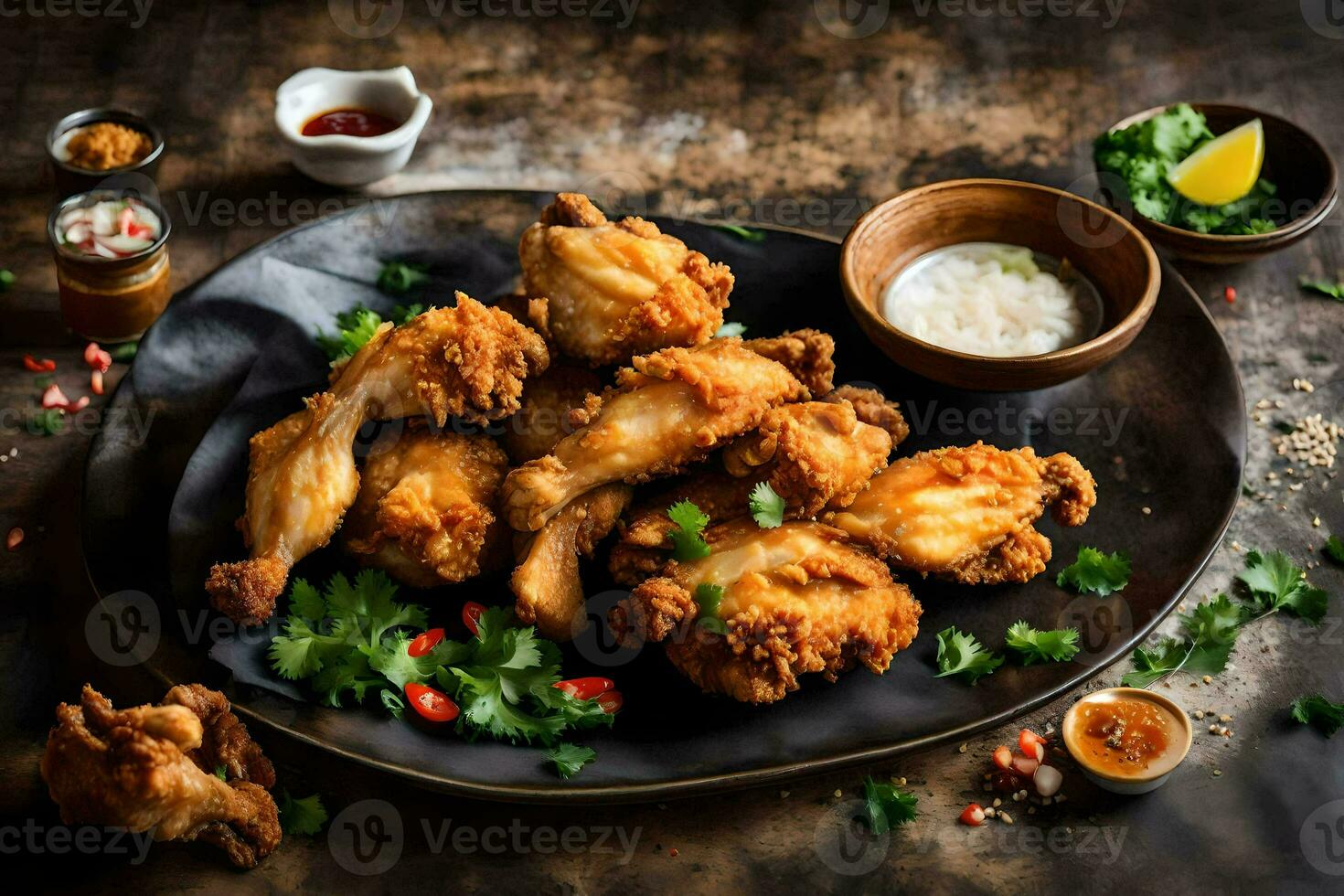 fried chicken wings with sauce and herbs on a black plate. AI-Generated photo