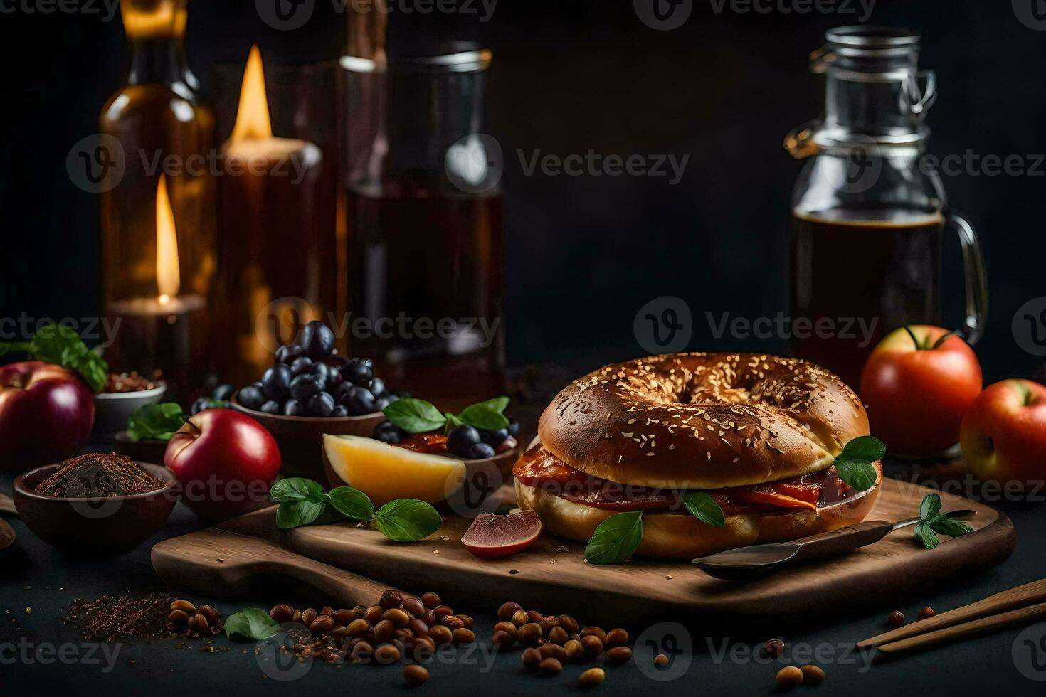 a bagel with meat, apples, and other ingredients on a cutting board. AI-Generated photo