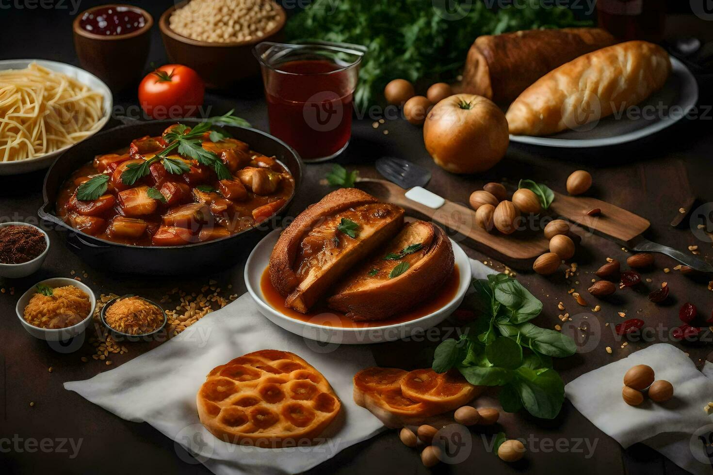 a variety of food is shown on a table. AI-Generated photo