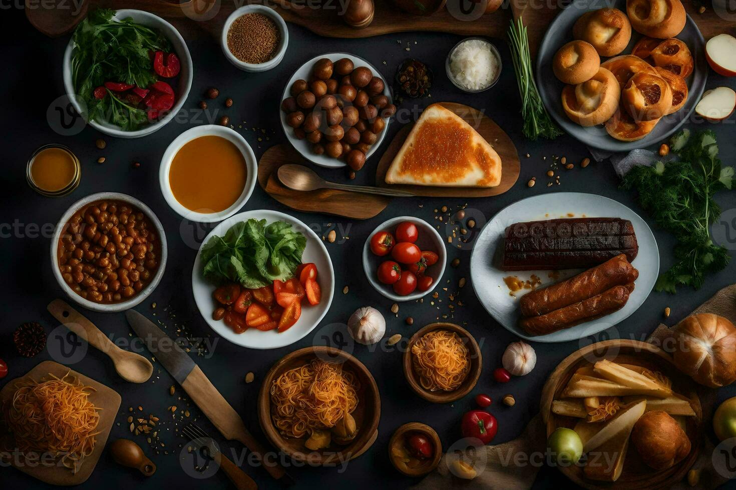 a variety of food is arranged on a table. AI-Generated photo