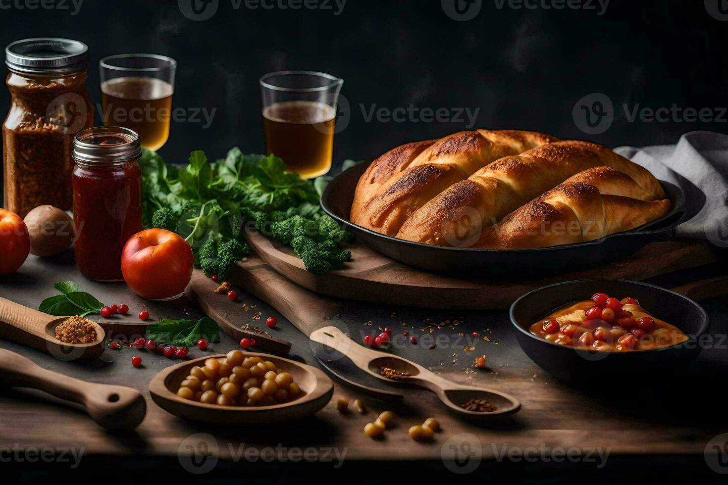 un pan de pan, vegetales y otro ingredientes en un mesa. generado por ai foto