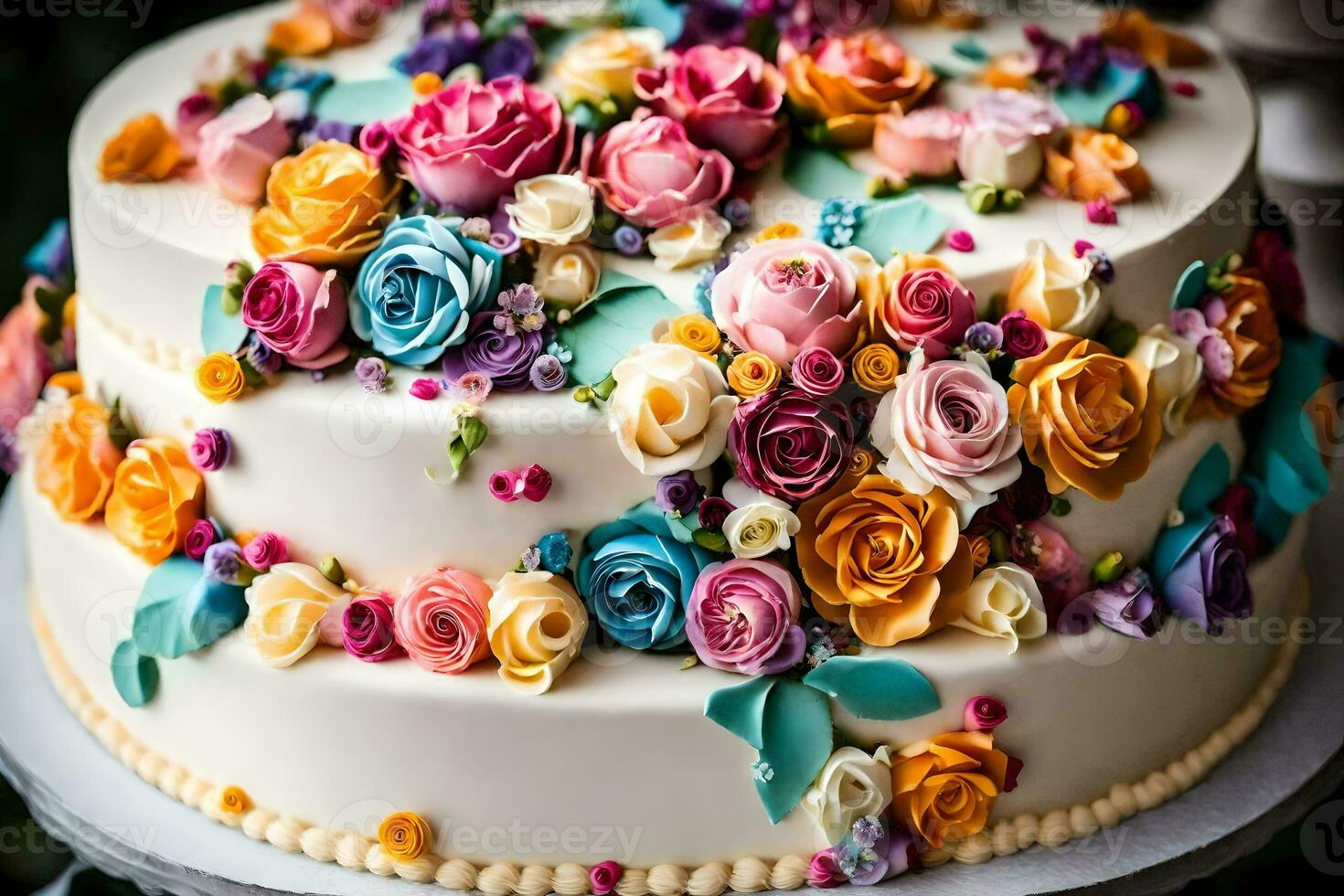 a cake decorated with colorful flowers. AI-Generated photo