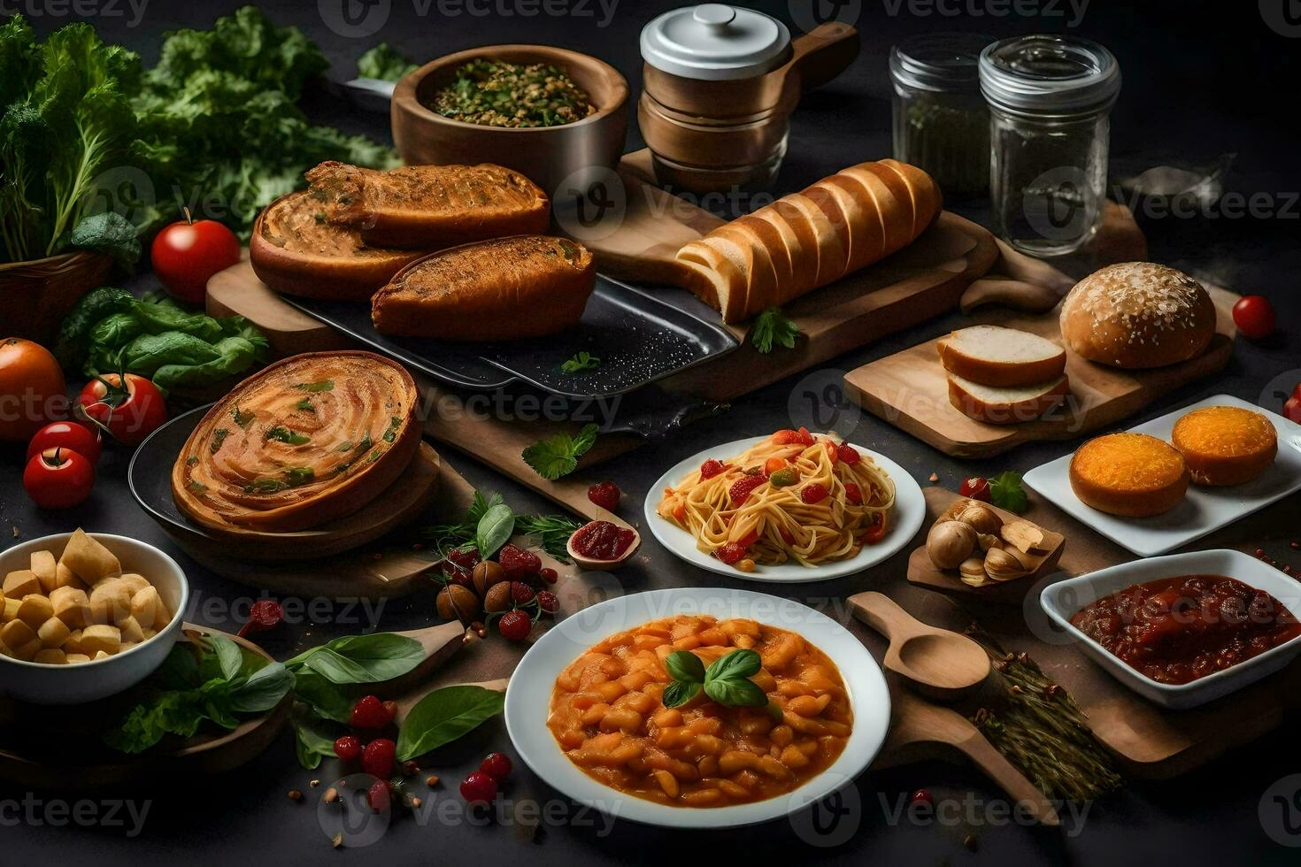 various foods are arranged on a table. AI-Generated photo