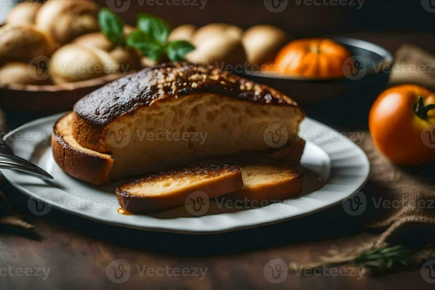 bread on a plate with other food. AI-Generated photo