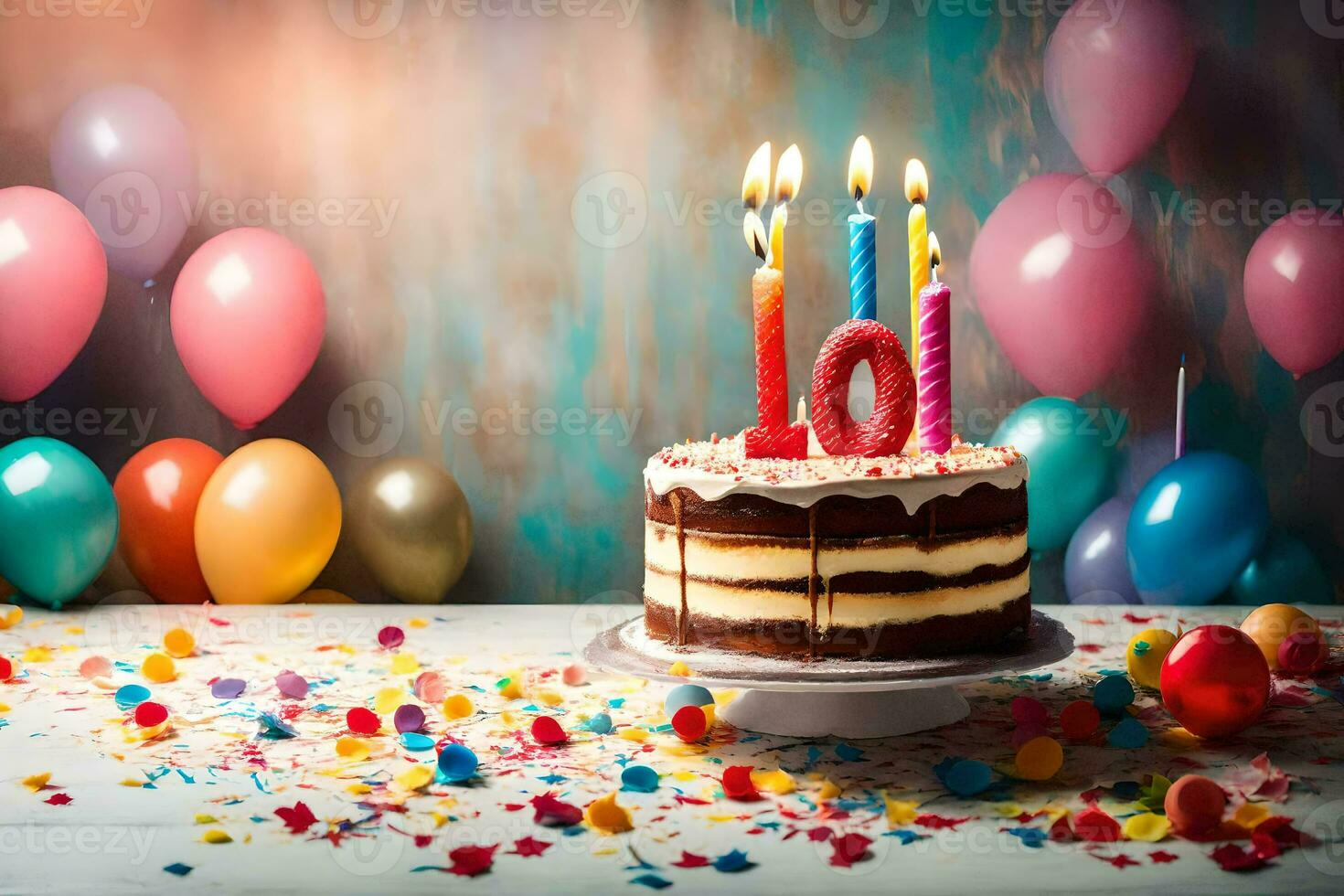 birthday cake with candles and balloons. AI-Generated photo