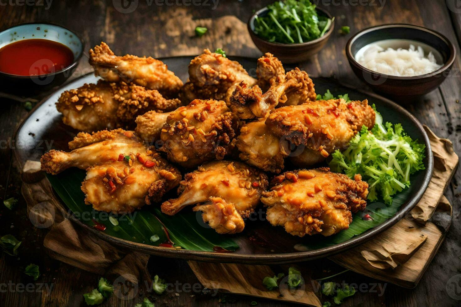 fried chicken wings on a plate with sauce and green onions. AI-Generated photo