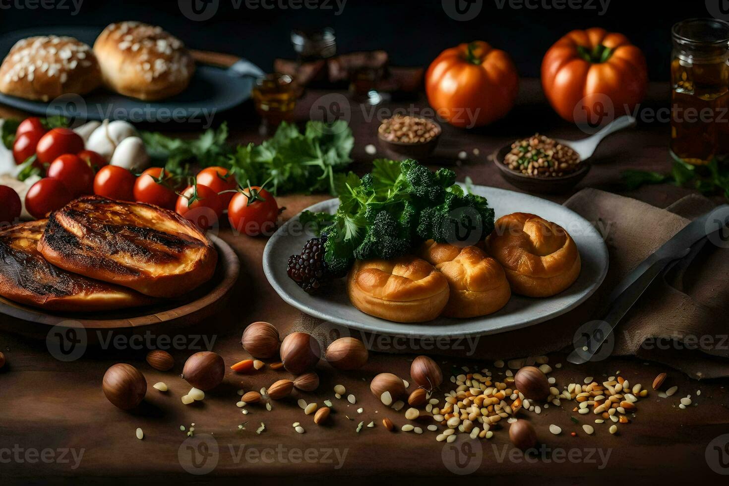 un mesa con comida y un pan en él. generado por ai foto