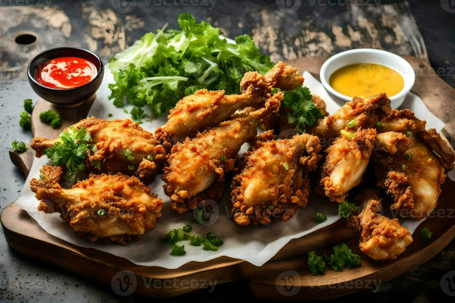 fried chicken wings on a wooden cutting board. AI-Generated photo