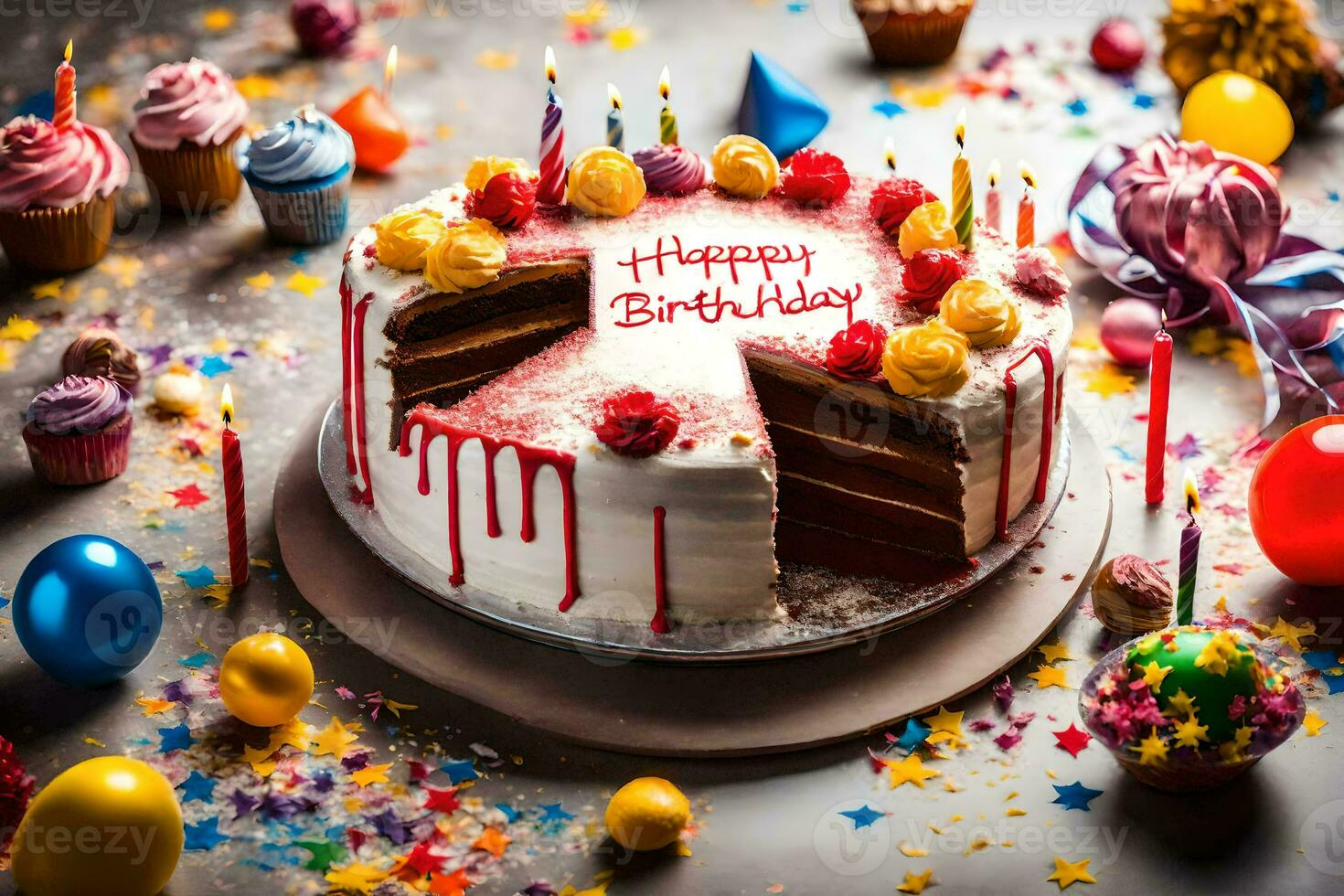 un cumpleaños pastel con velas y papel picado. generado por ai foto