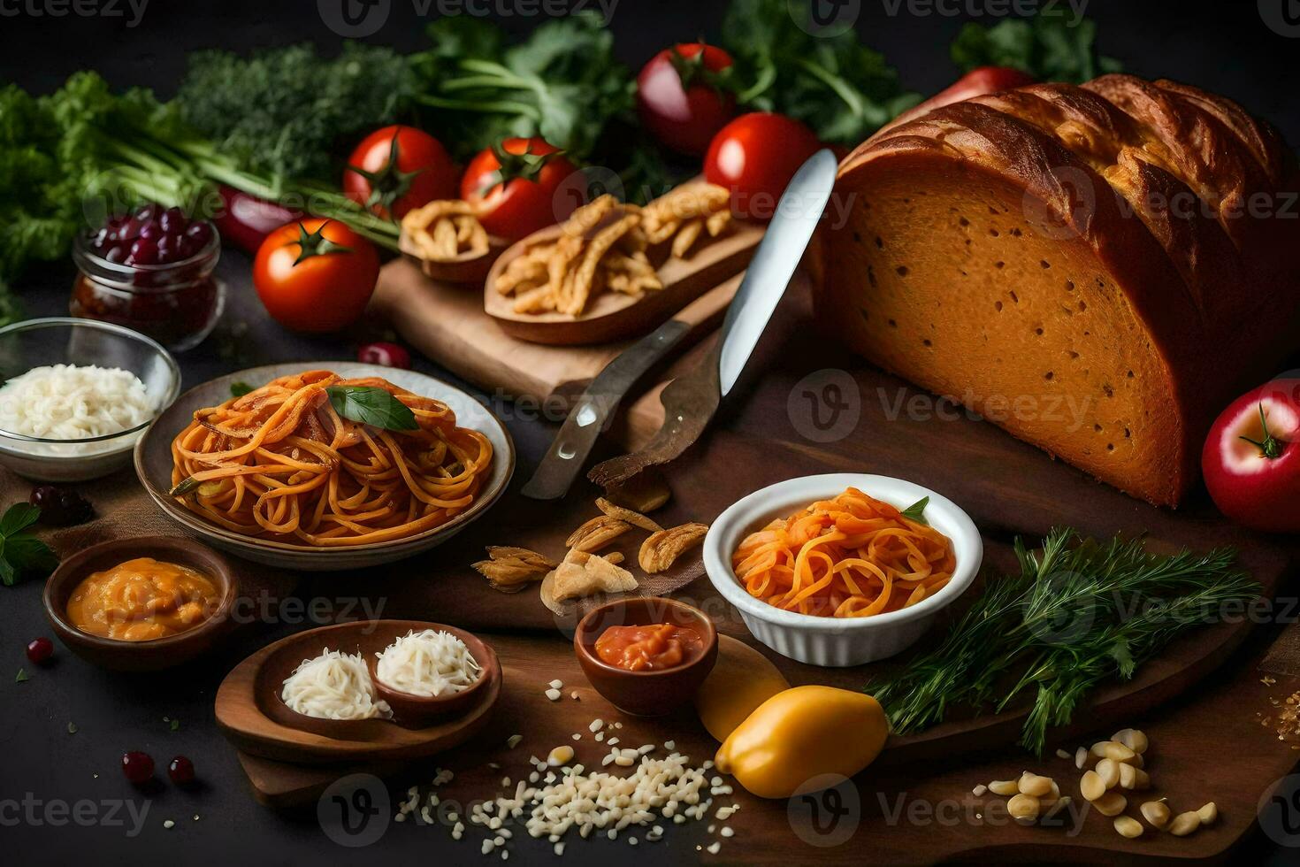 spaghetti with meatballs, vegetables and herbs on a wooden table. AI-Generated photo