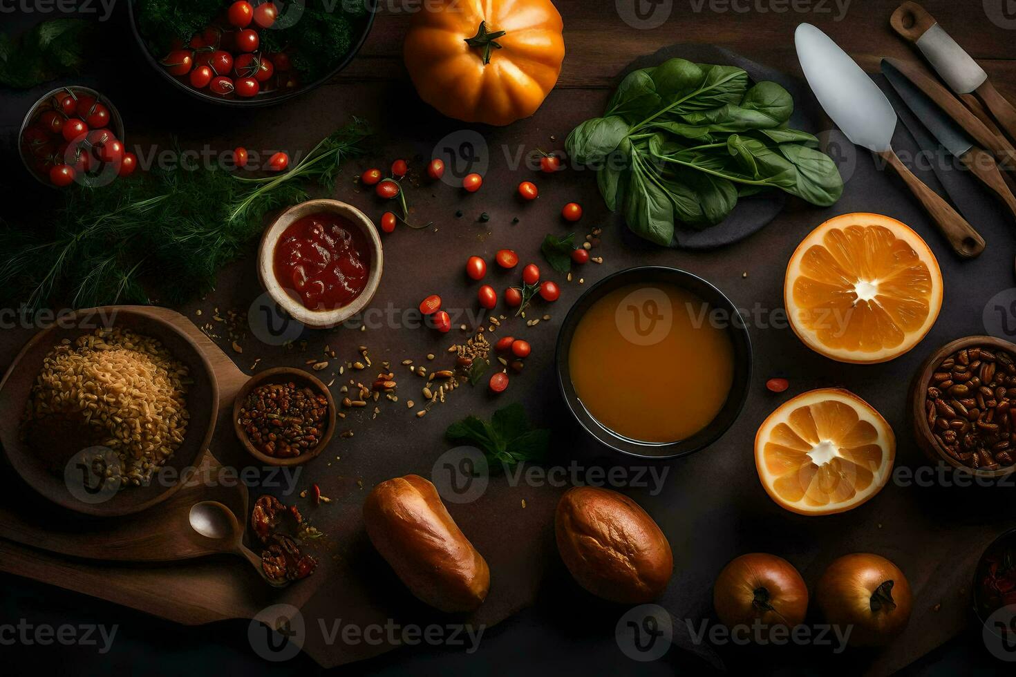 an assortment of food on a wooden table. AI-Generated photo