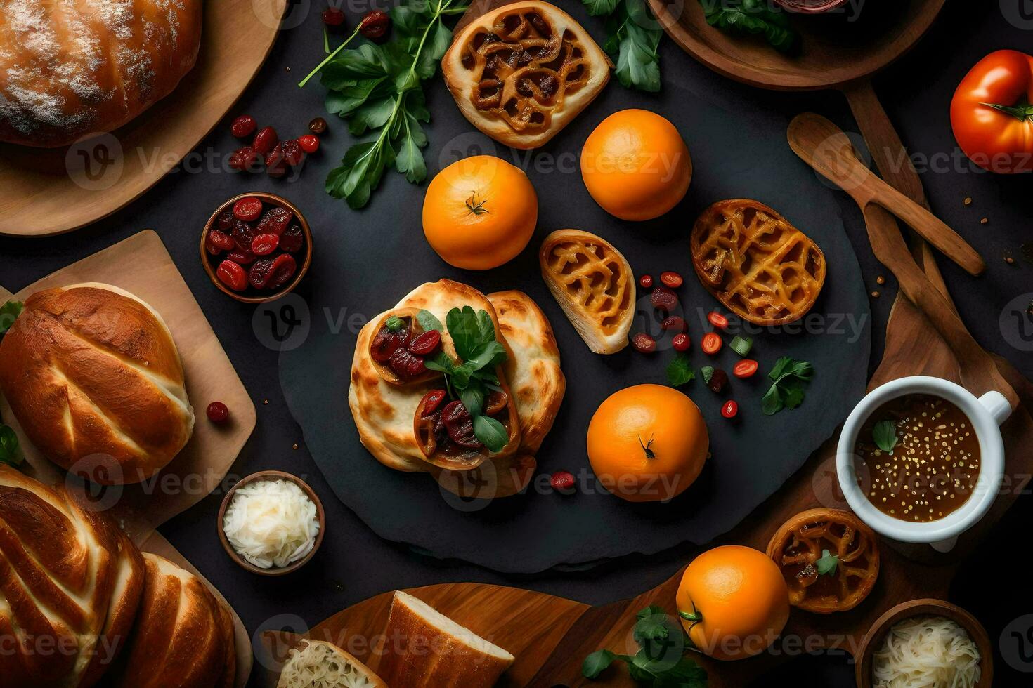 various foods on a black background. AI-Generated photo