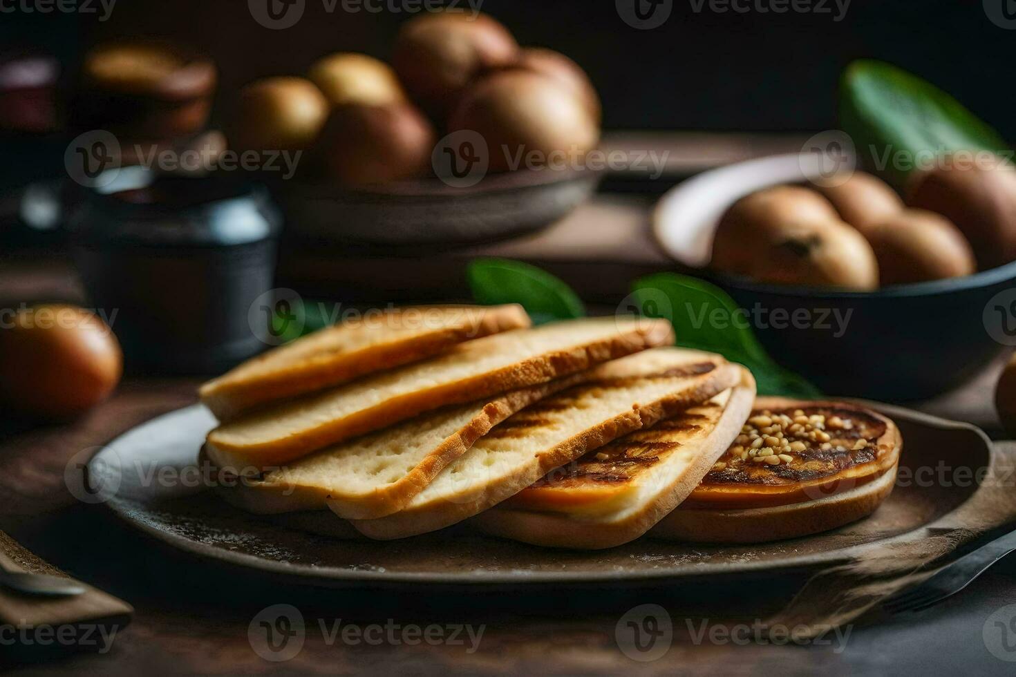 toasted bread on a plate with apples and other ingredients. AI-Generated photo