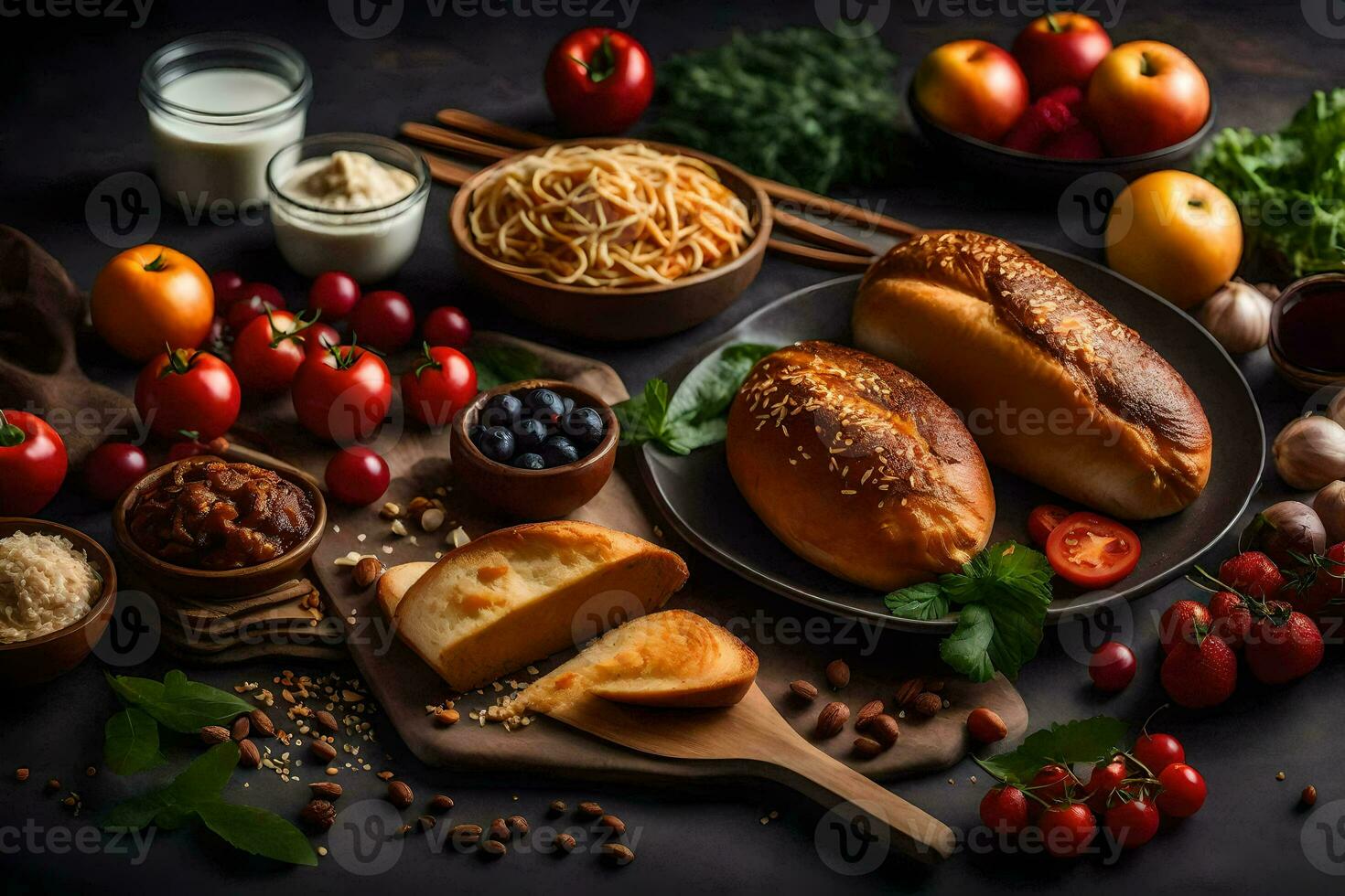 various foods including bread, pasta, tomatoes, cheese and other ingredients. AI-Generated photo