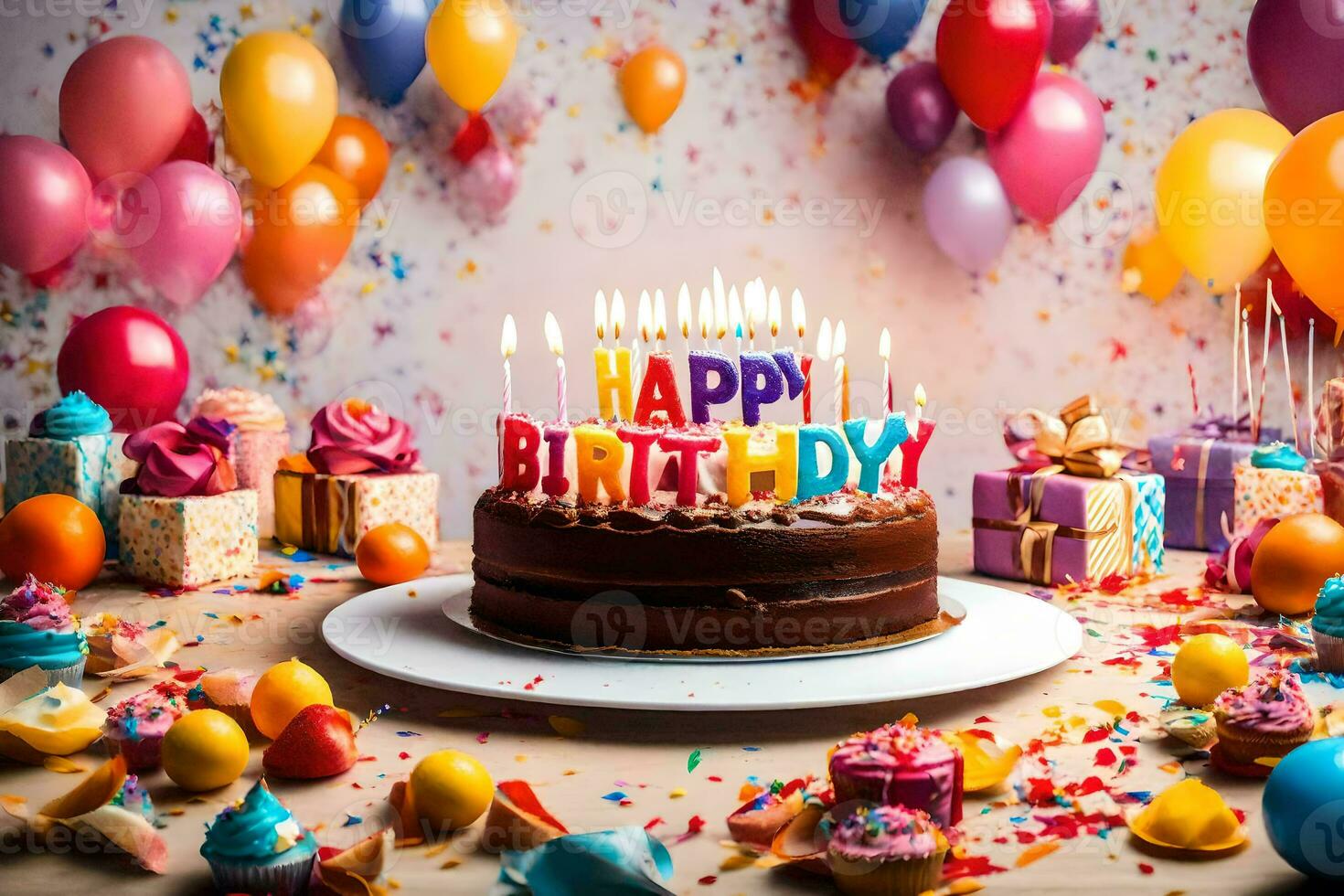 a birthday cake with candles and balloons. AI-Generated photo