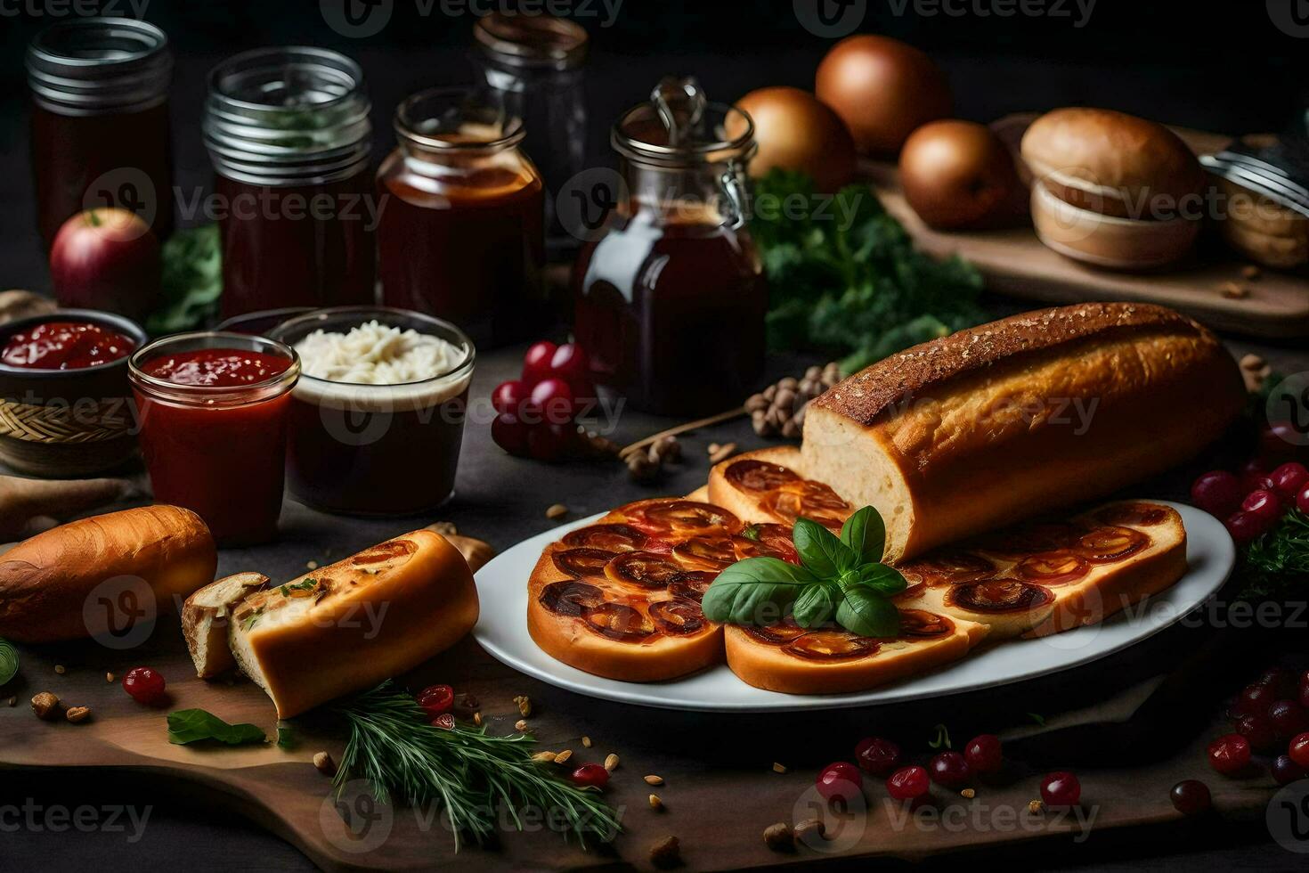 un mesa con pan, mermelada y otro alimento. generado por ai foto