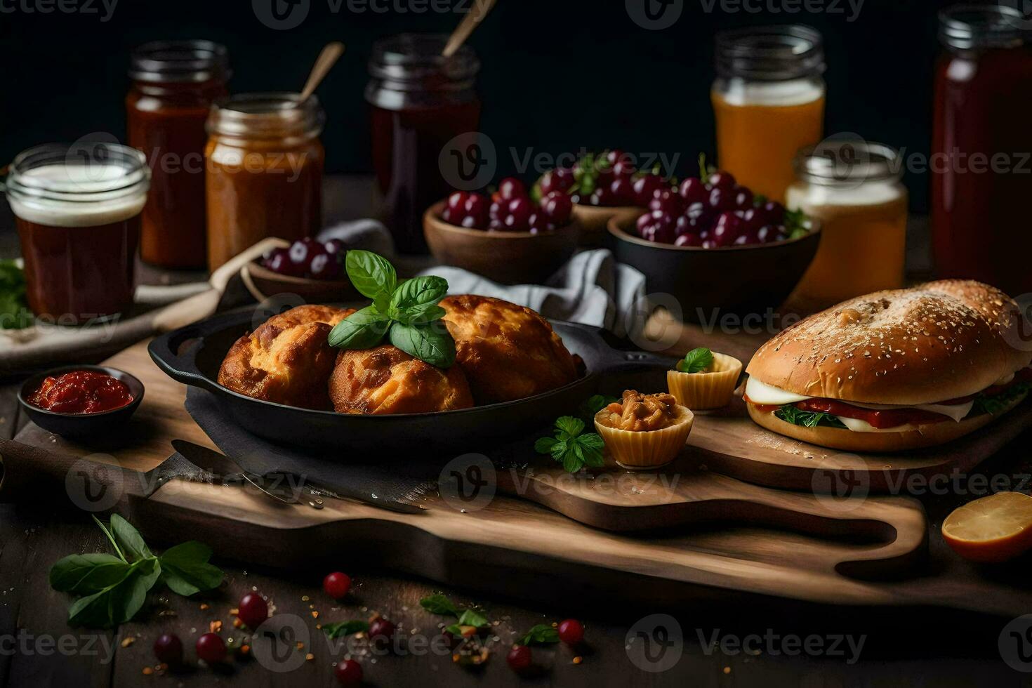 a variety of food on a wooden table. AI-Generated photo