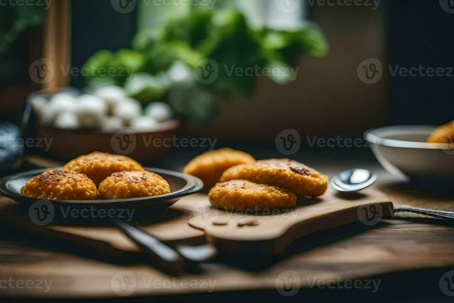 pequeño comida artículos en un de madera mesa. generado por ai foto