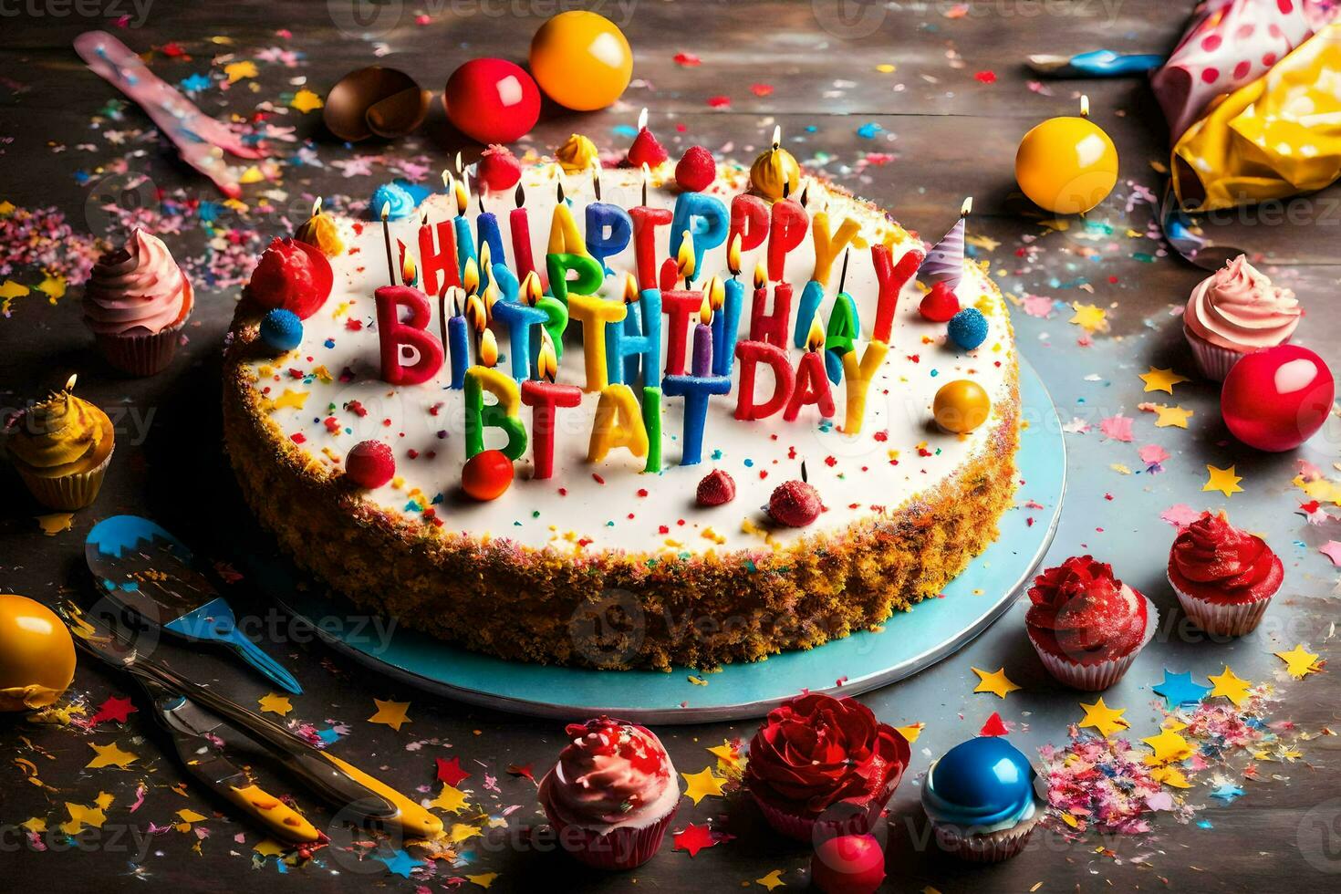 a birthday cake with candles and colorful confetti. AI-Generated photo