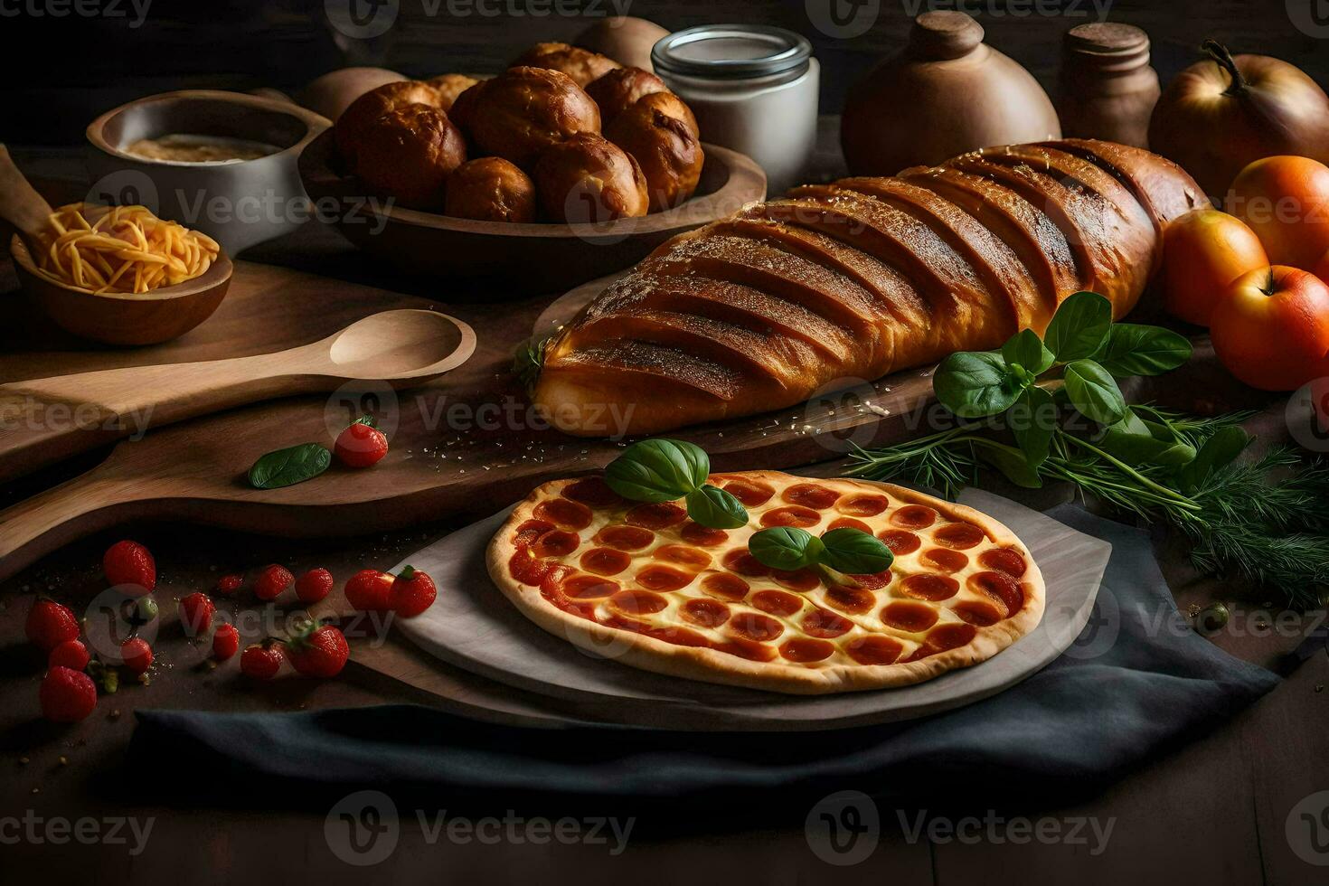 a pizza with bread, tomatoes and other ingredients. AI-Generated photo