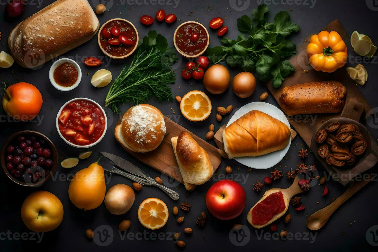 various foods including bread, vegetables, and fruit. AI-Generated photo