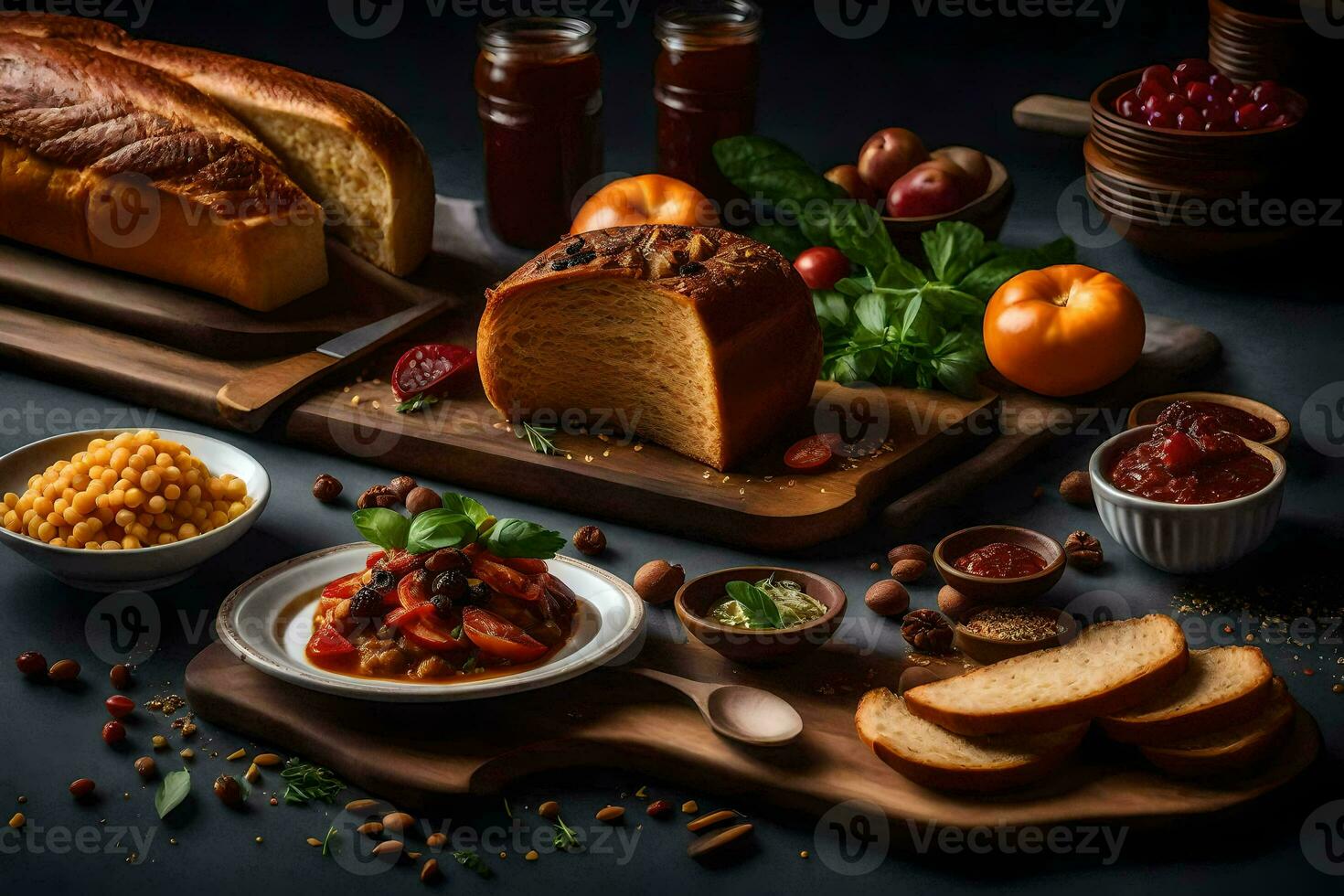 un mesa con pan, vegetales y otro alimento. generado por ai foto