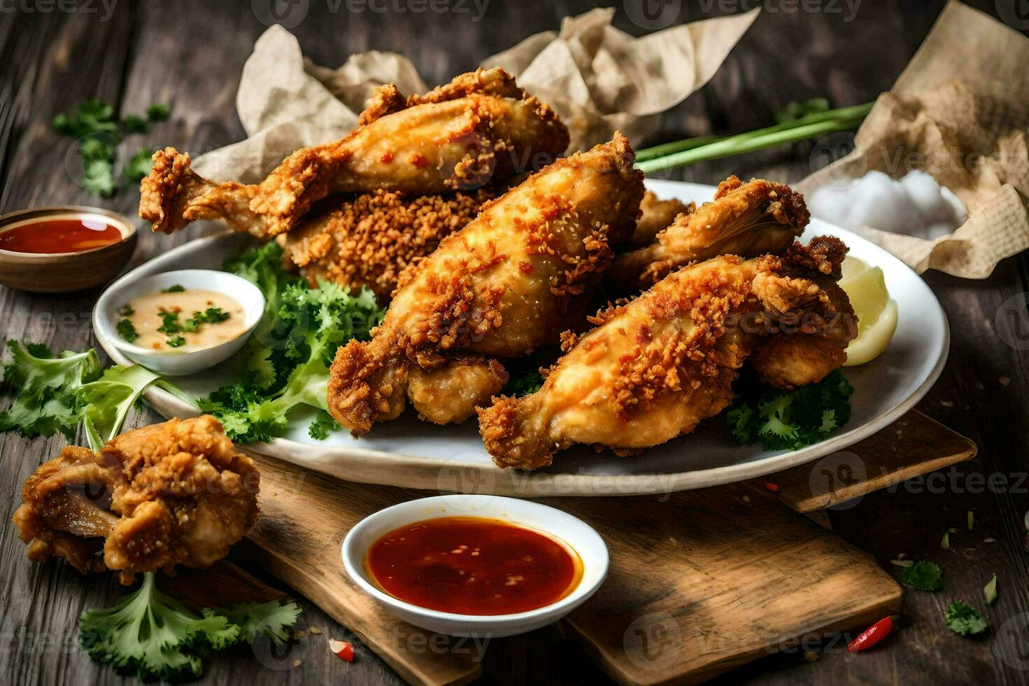 fried chicken wings on a plate with sauce and herbs. AI-Generated photo