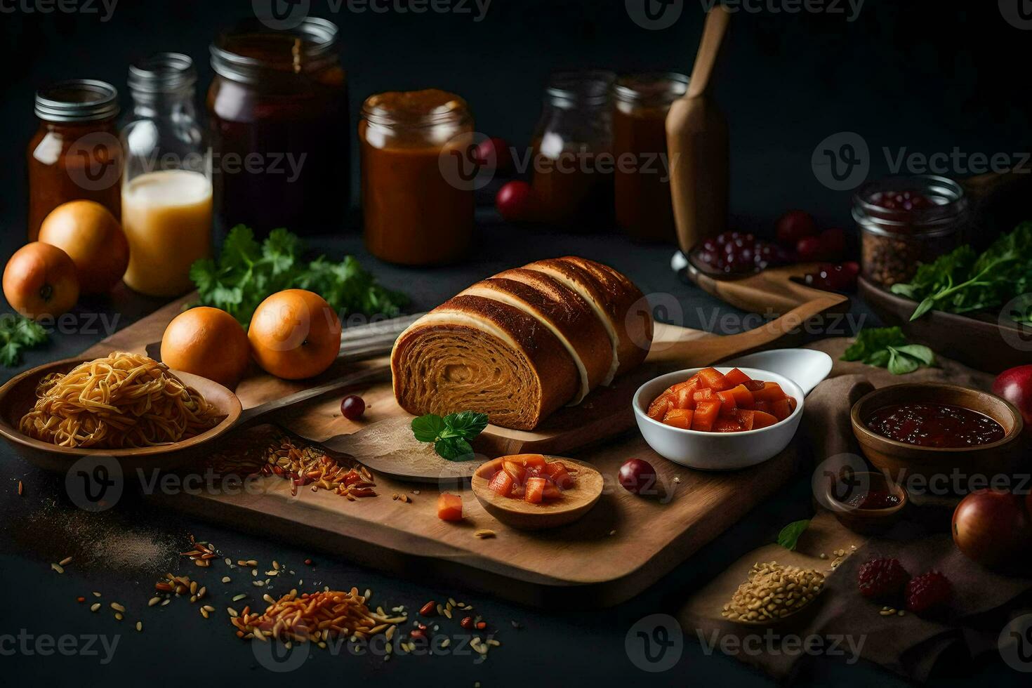 foods on a wooden board with spices and other ingredients. AI-Generated photo