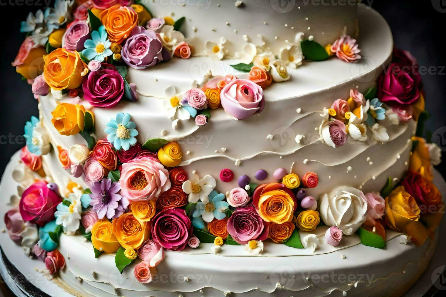 a wedding cake with colorful flowers on top. AI-Generated photo