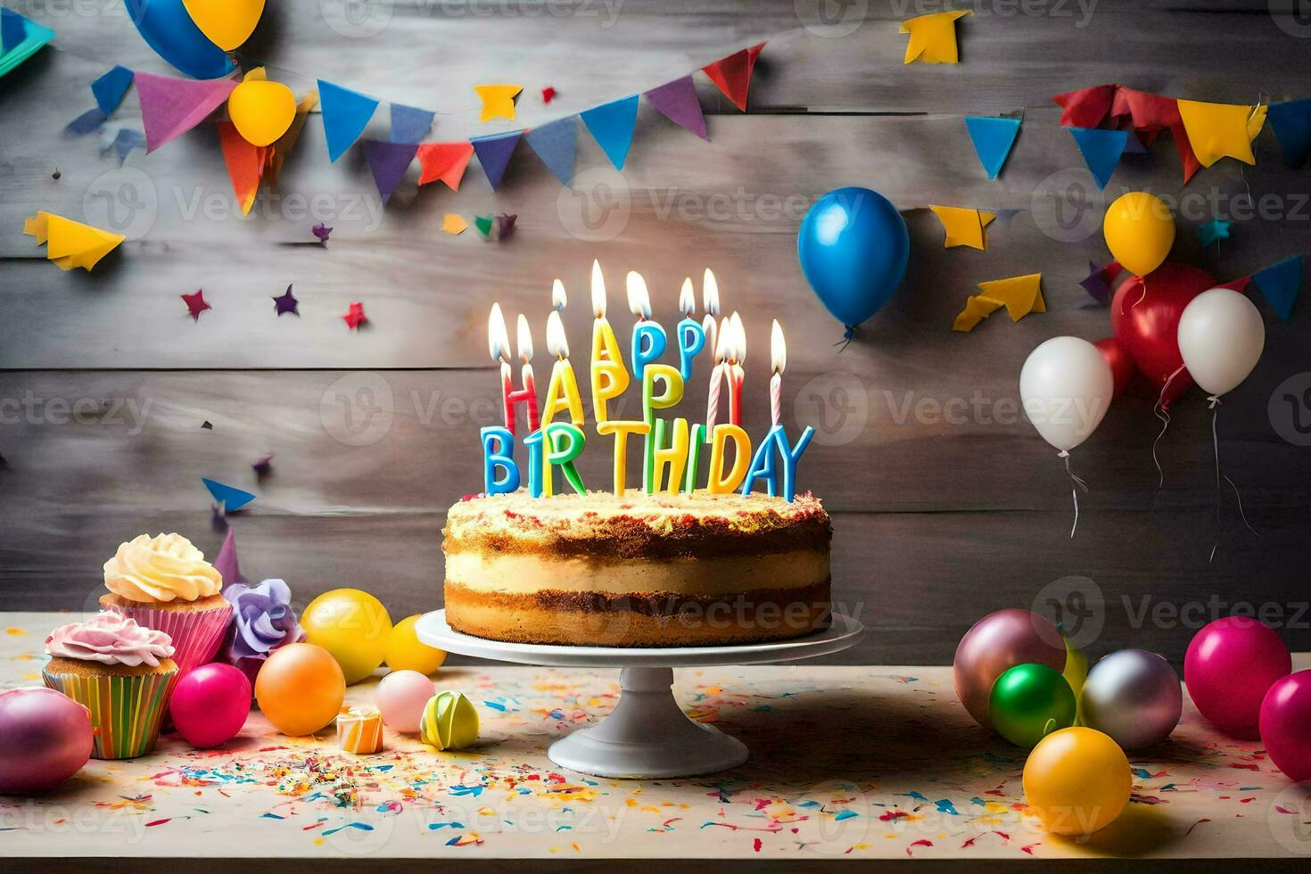 a birthday cake with candles on it and balloons. AI-Generated photo