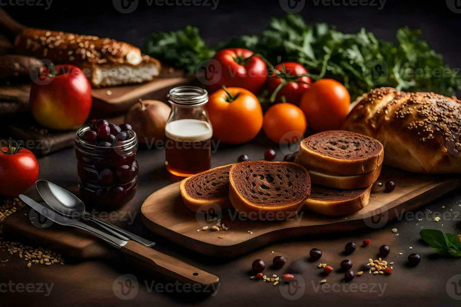 a table with bread, vegetables and other food. AI-Generated photo