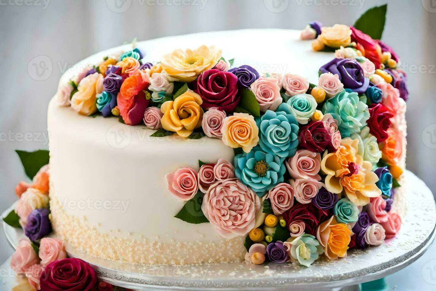 a cake decorated with colorful flowers. AI-Generated photo