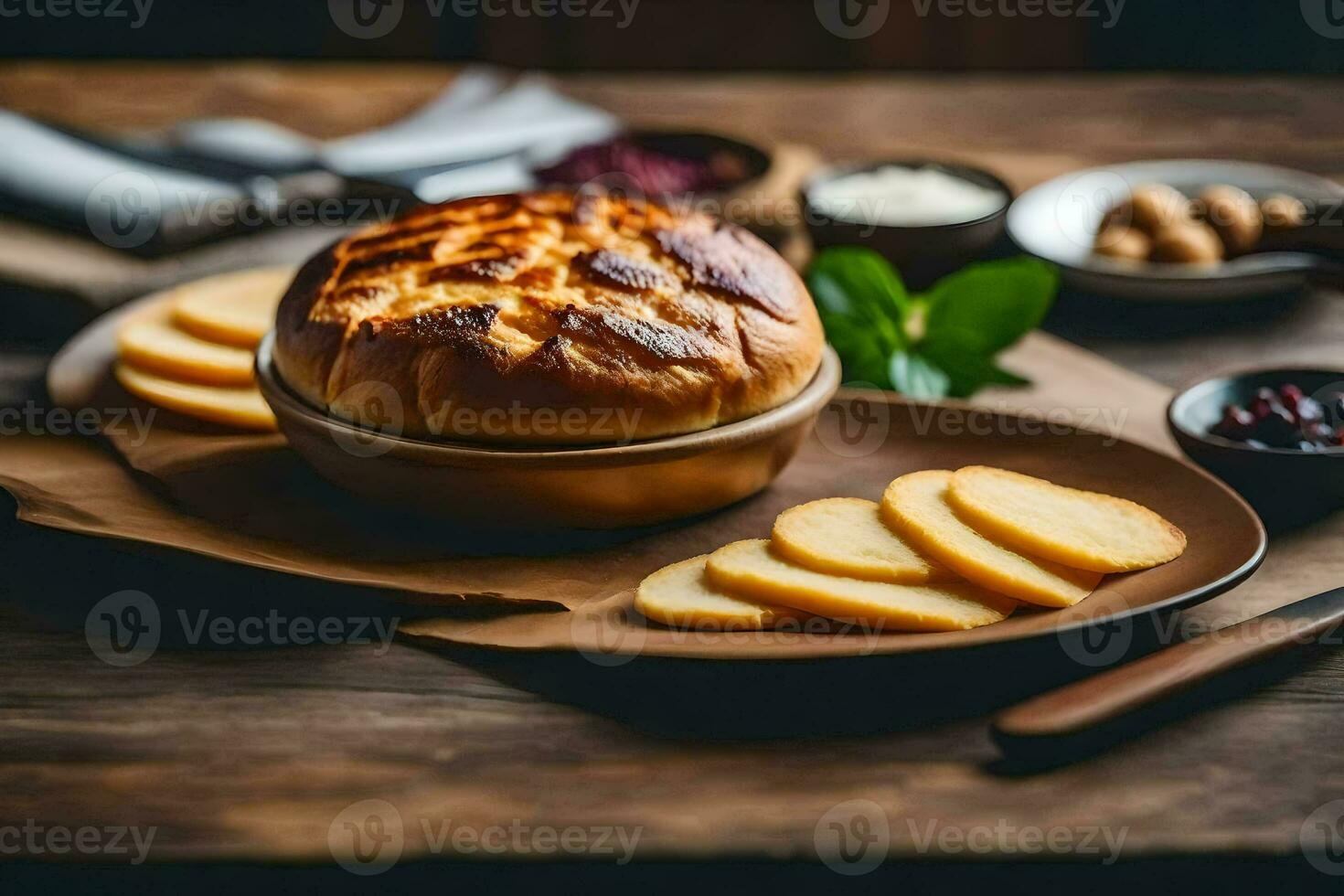 bread and cheese on a wooden table. AI-Generated photo