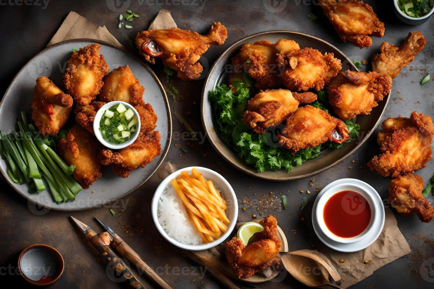 chicken wings and fries on a table. AIGenerated 33754637 Stock Photo