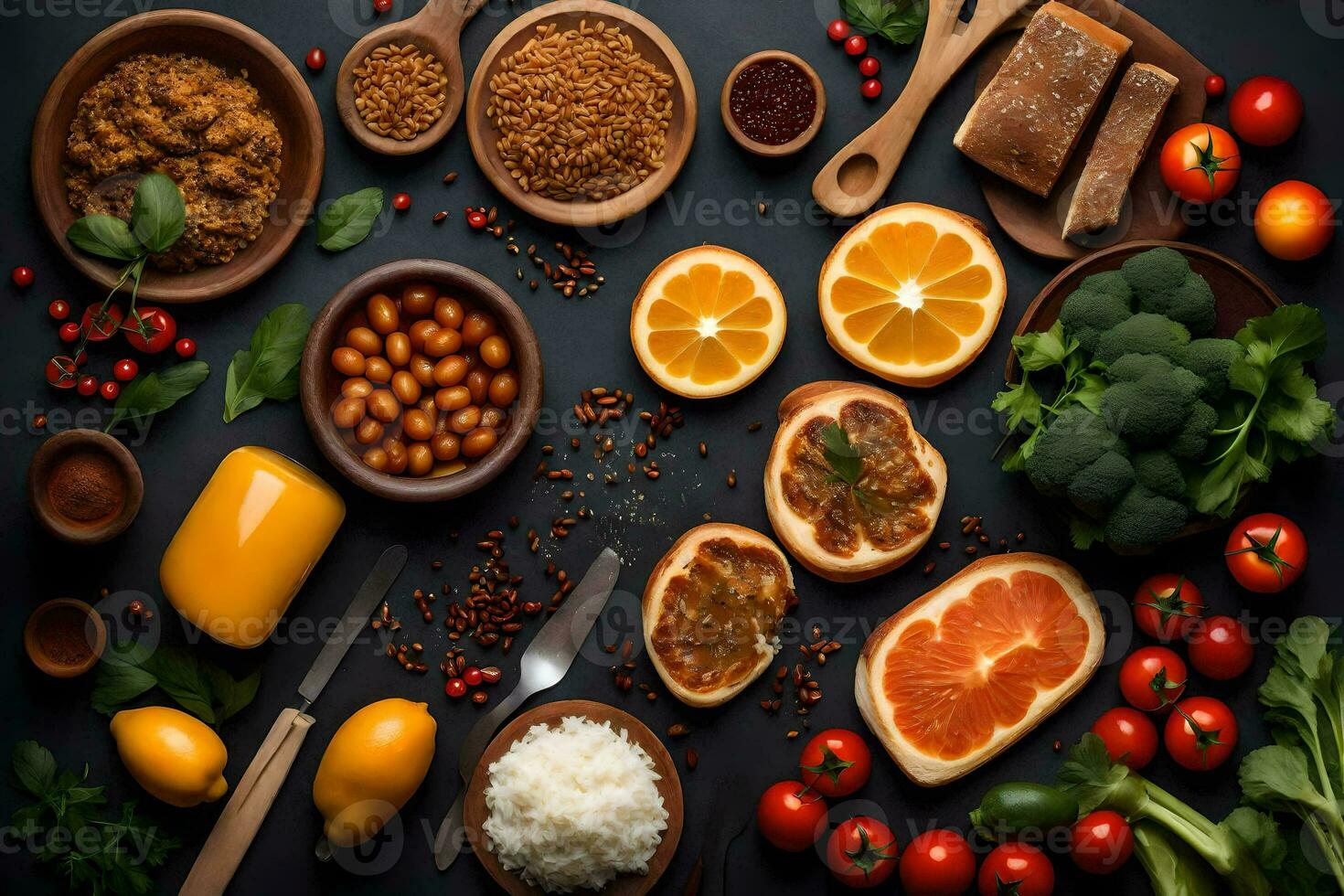 various foods including rice, beans, tomatoes, oranges, and other vegetables. AI-Generated photo