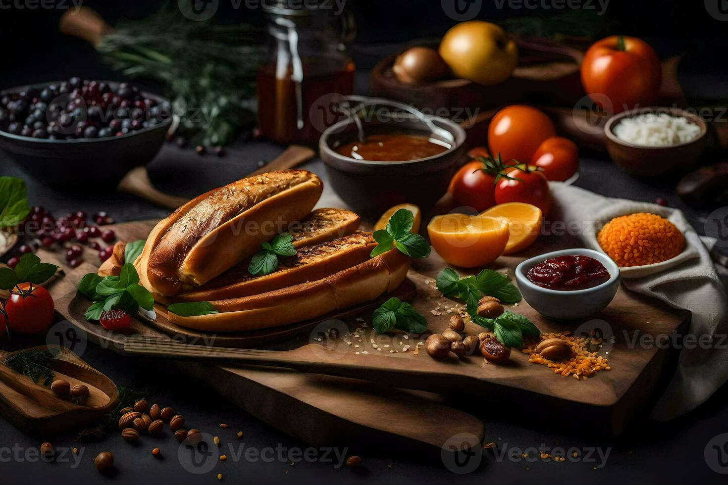 a wooden cutting board with hot dogs, vegetables and other ingredients. AI-Generated photo