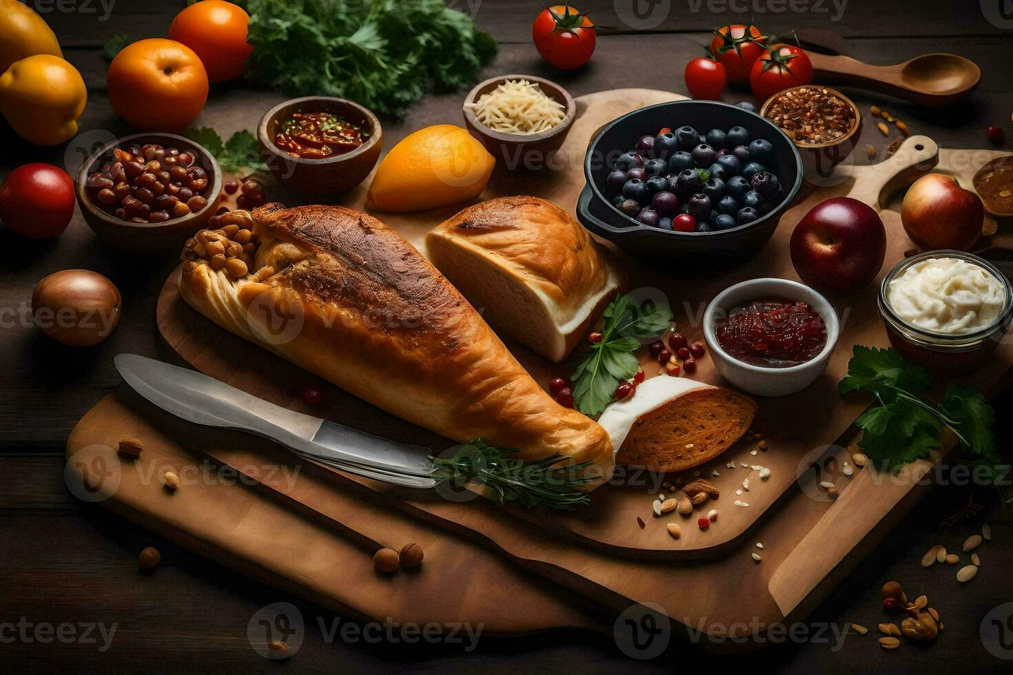 an assortment of food on a cutting board. AI-Generated photo