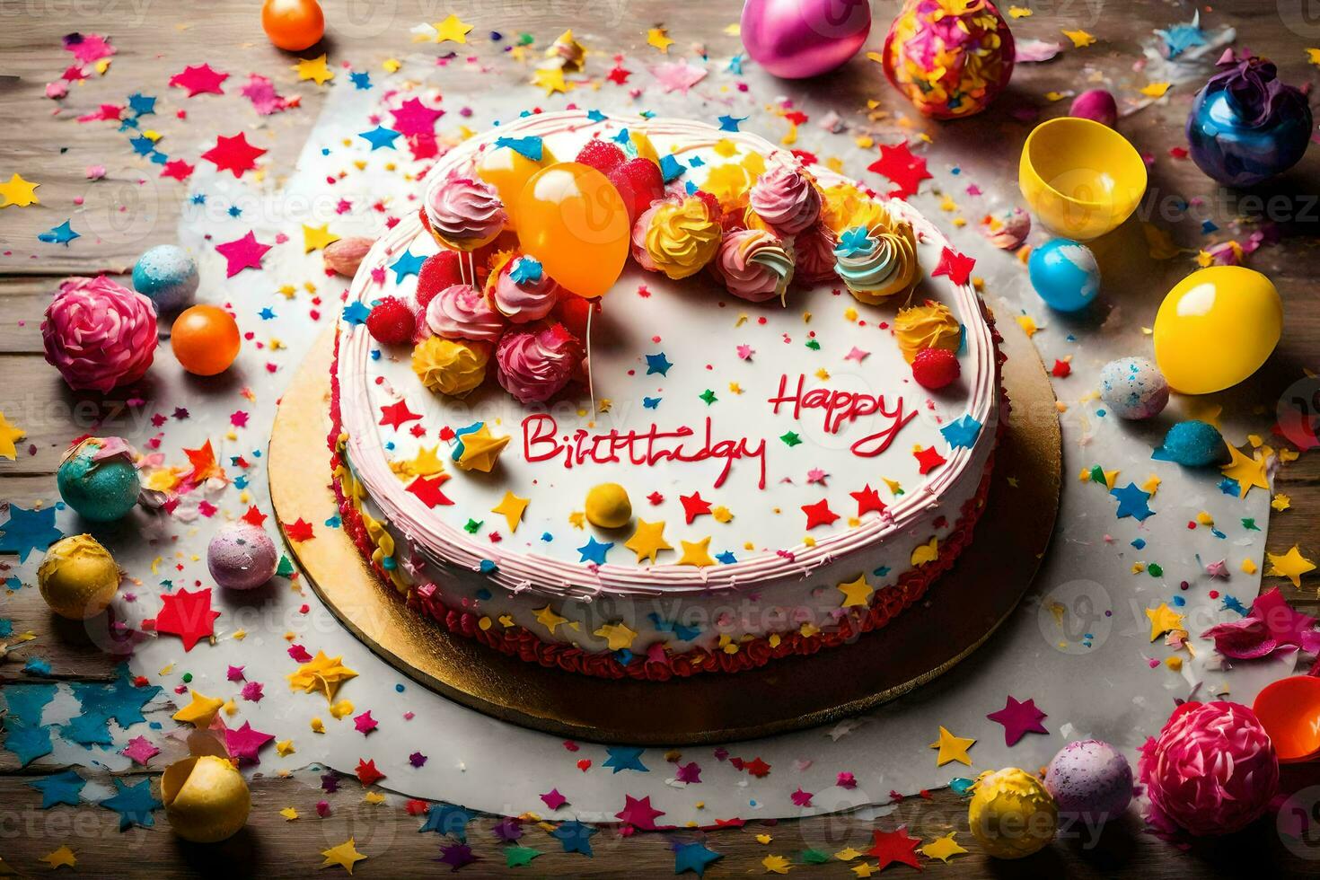 a birthday cake with colorful confetti and balloons. AI-Generated photo